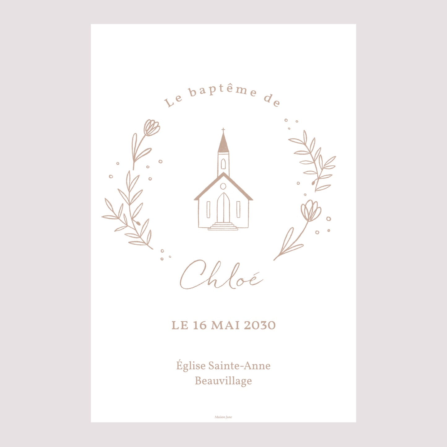 Panneau bienvenue Baptême Portrait 60 x 90 cm Eglise crayonnée rose photo N° 2