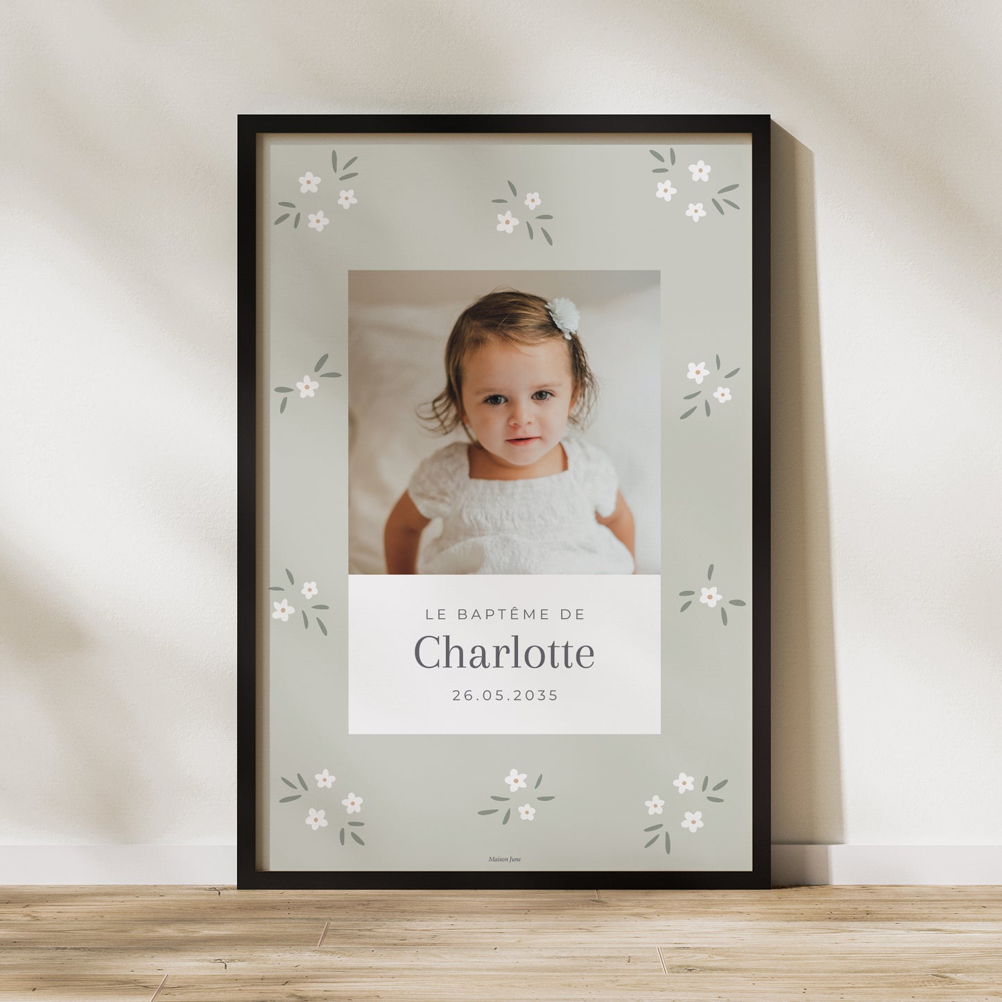 Panneau bienvenue Baptême Portrait 60 x 90 cm Petites fleurs vert photo N° 1