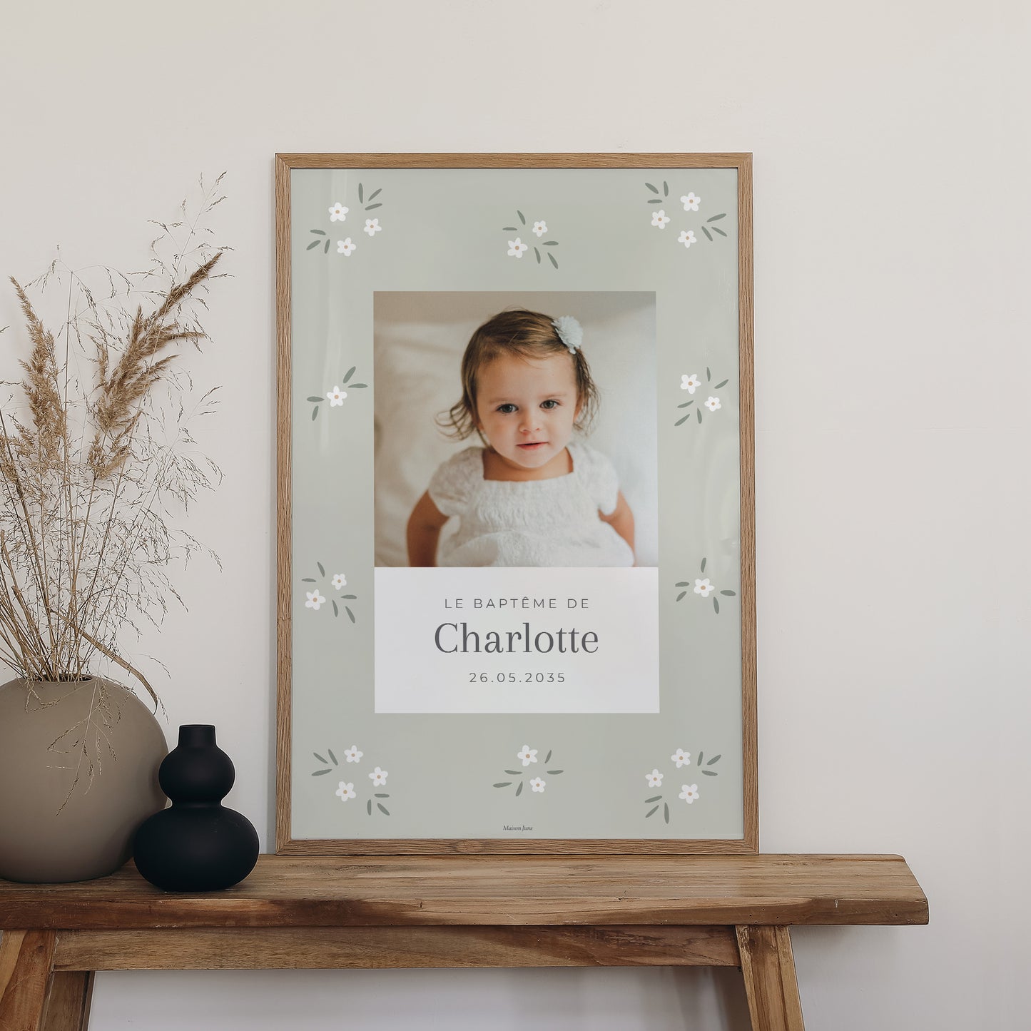 Panneau bienvenue Baptême Portrait 60 x 90 cm Petites fleurs vert photo N° 2