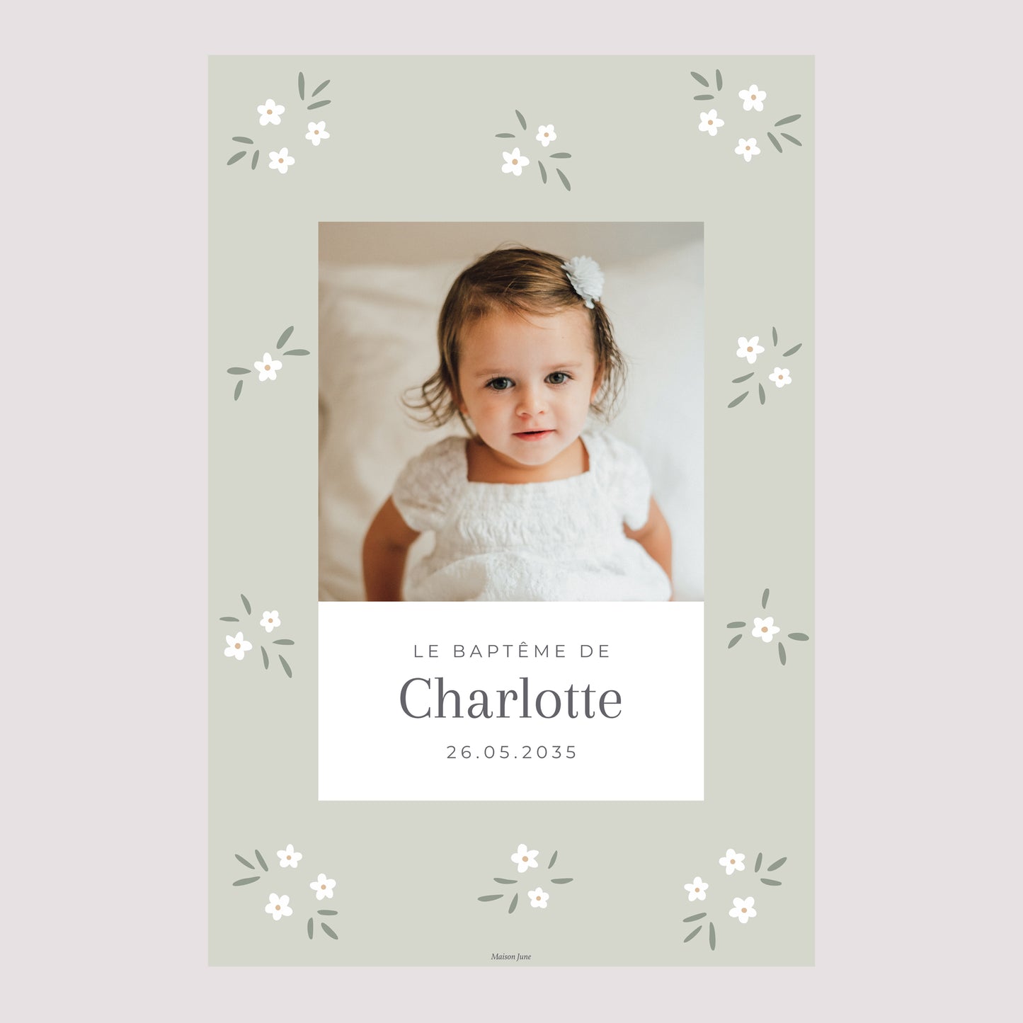 Panneau bienvenue Baptême Portrait 60 x 90 cm Petites fleurs vert photo N° 2