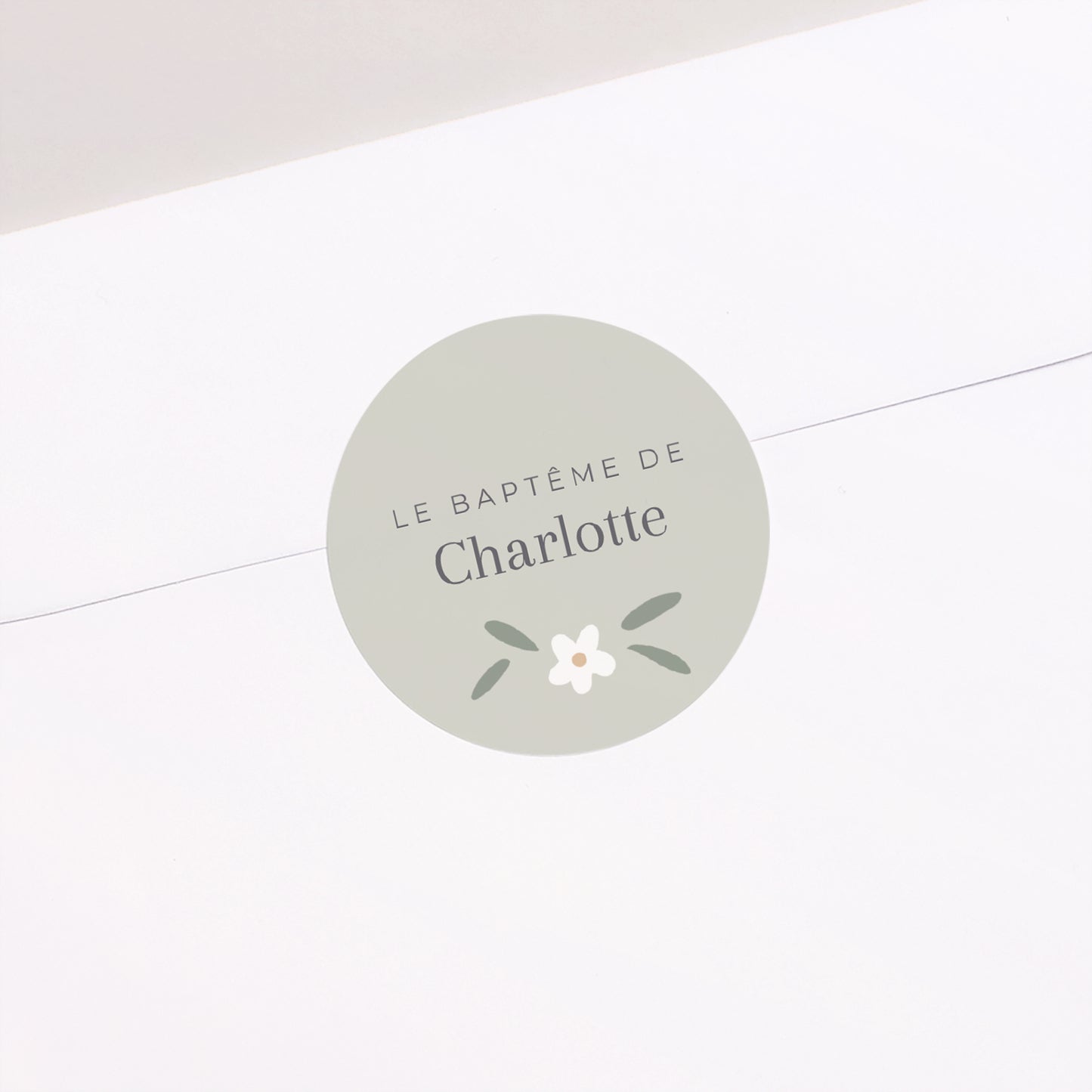Sticker Baptême Rond Petites fleurs vert photo N° 1