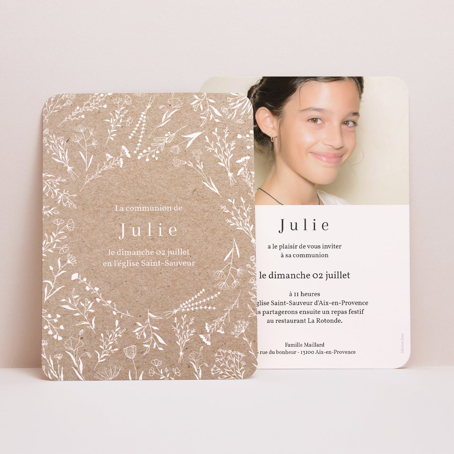 Faire-part Communion Portrait, bords arrondis Liberty Blanc photo N° 1