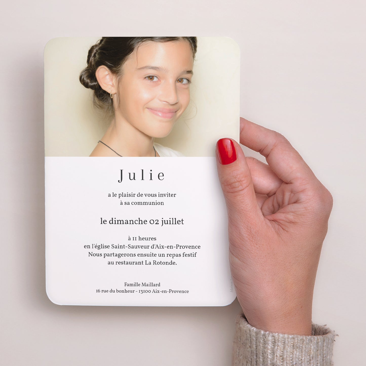 Faire-part Communion Portrait, bords arrondis Liberty Blanc photo N° 3