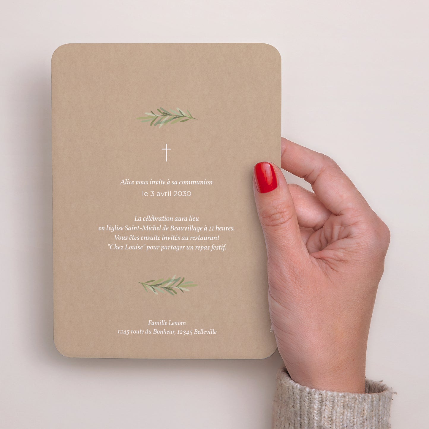 Faire-part Communion Portrait, bords arrondis Couronne Effet Kraft photo N° 3
