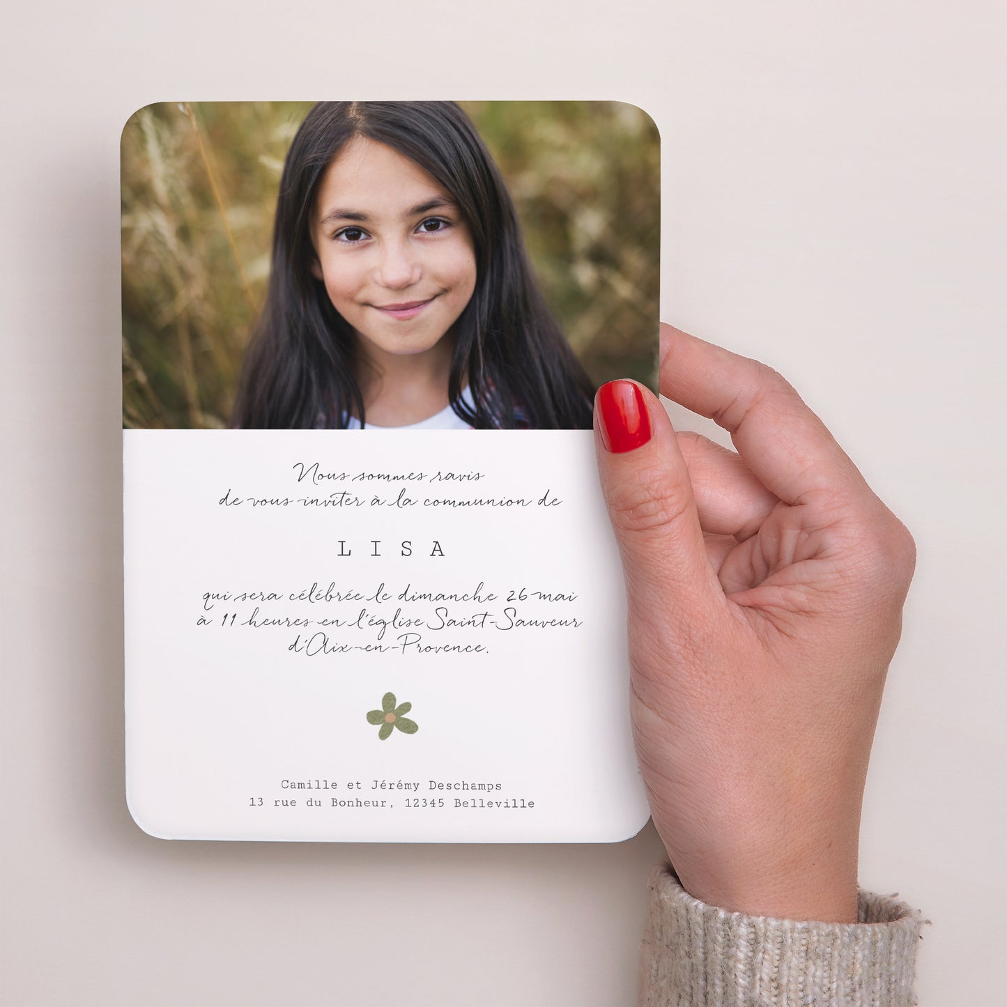 Faire-part Communion Portrait, bords arrondis Croix Latine Florale photo N° 3