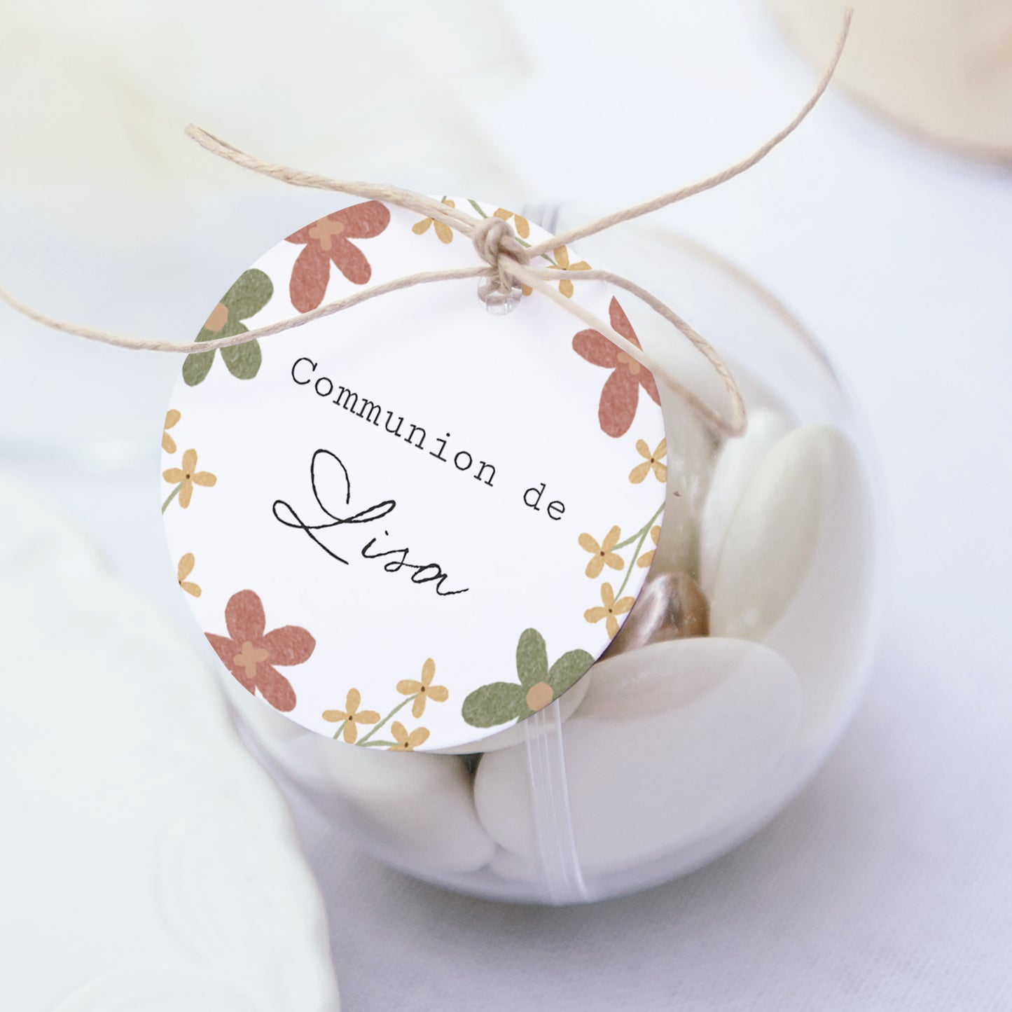 Boîte à dragées Communion boule avec étiquette ronde Croix Latine Florale photo N° 1