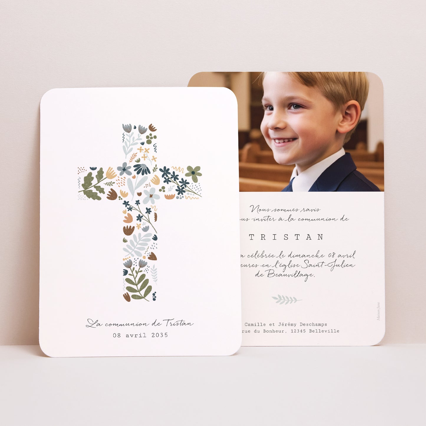 Faire-part Communion Portrait, bords arrondis Croix liberty garçon communion photo N° 1