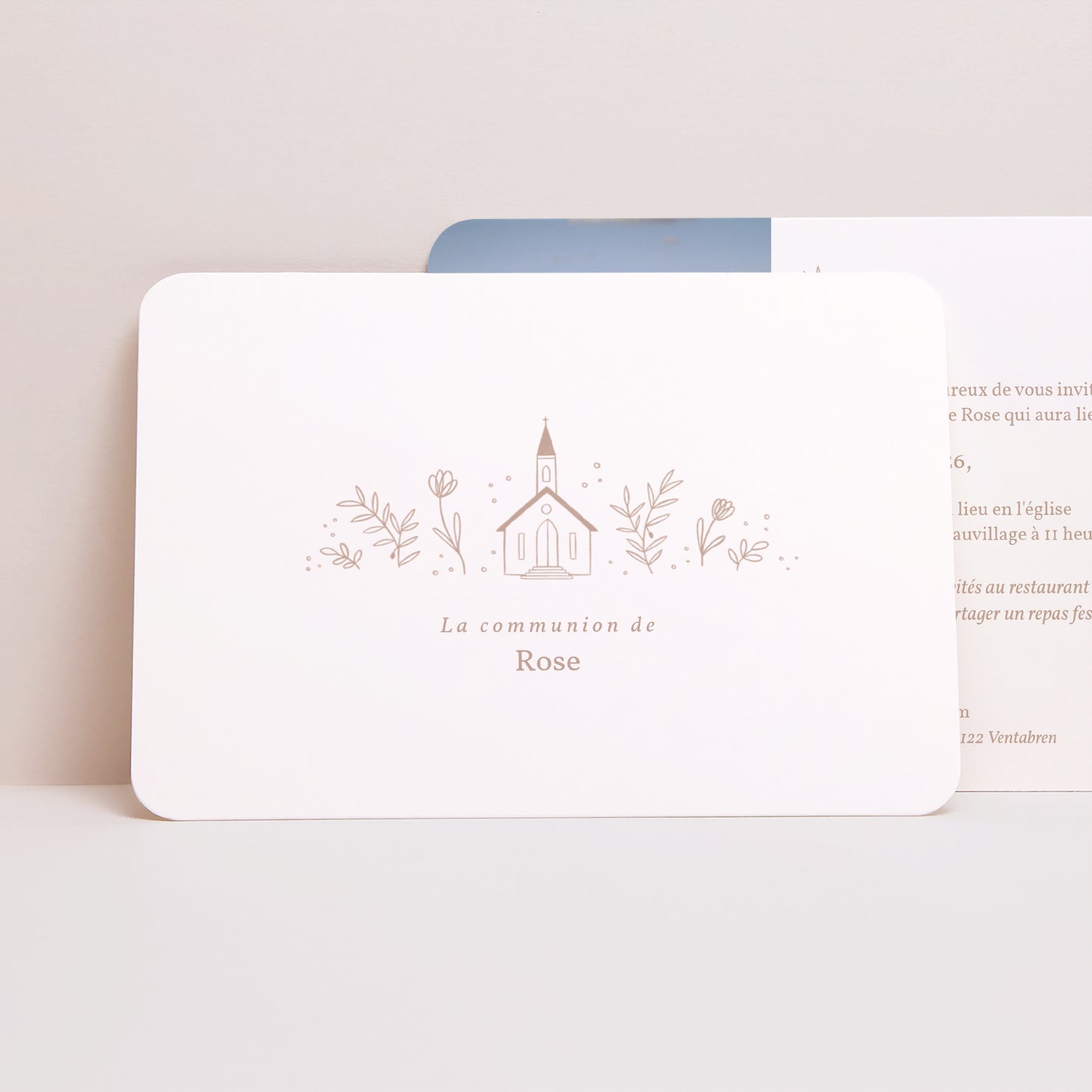 Faire-part Communion Paysage, bords arrondis Église crayonnée rose communion photo N° 1