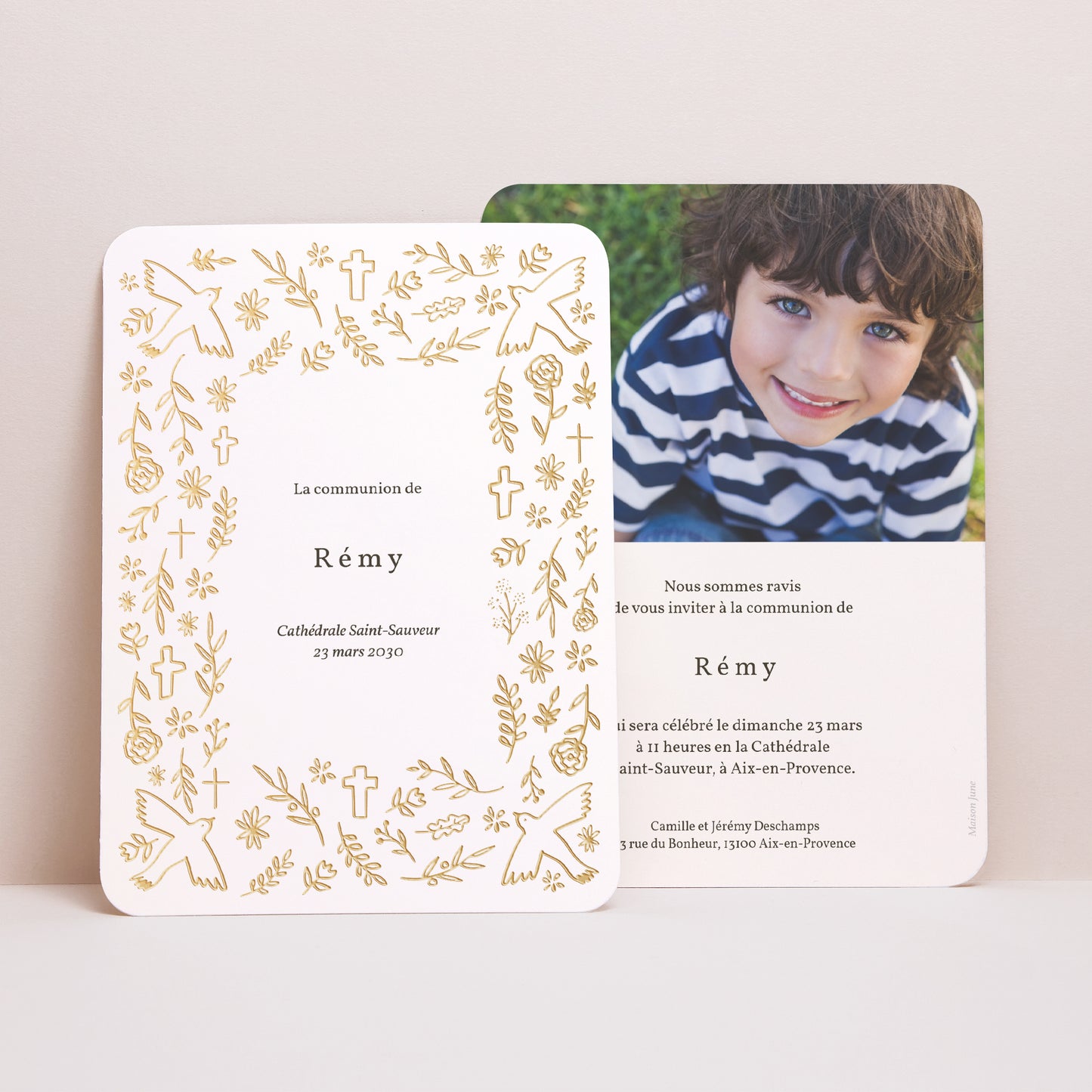 Faire-part Communion Portrait, bords arrondis Motif Doré photo N° 1