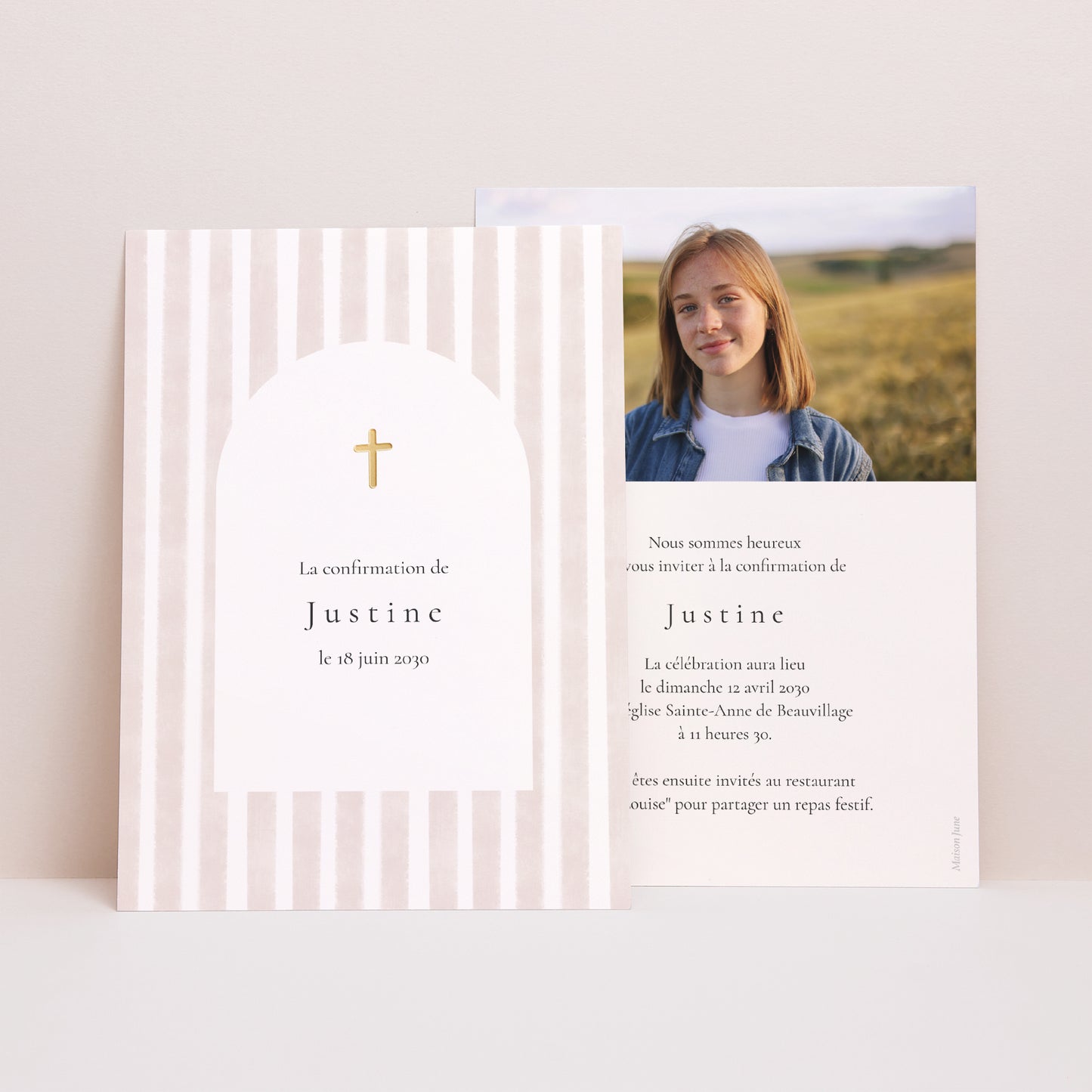 Faire-part Confirmation Portrait Rayures et croix photo N° 1