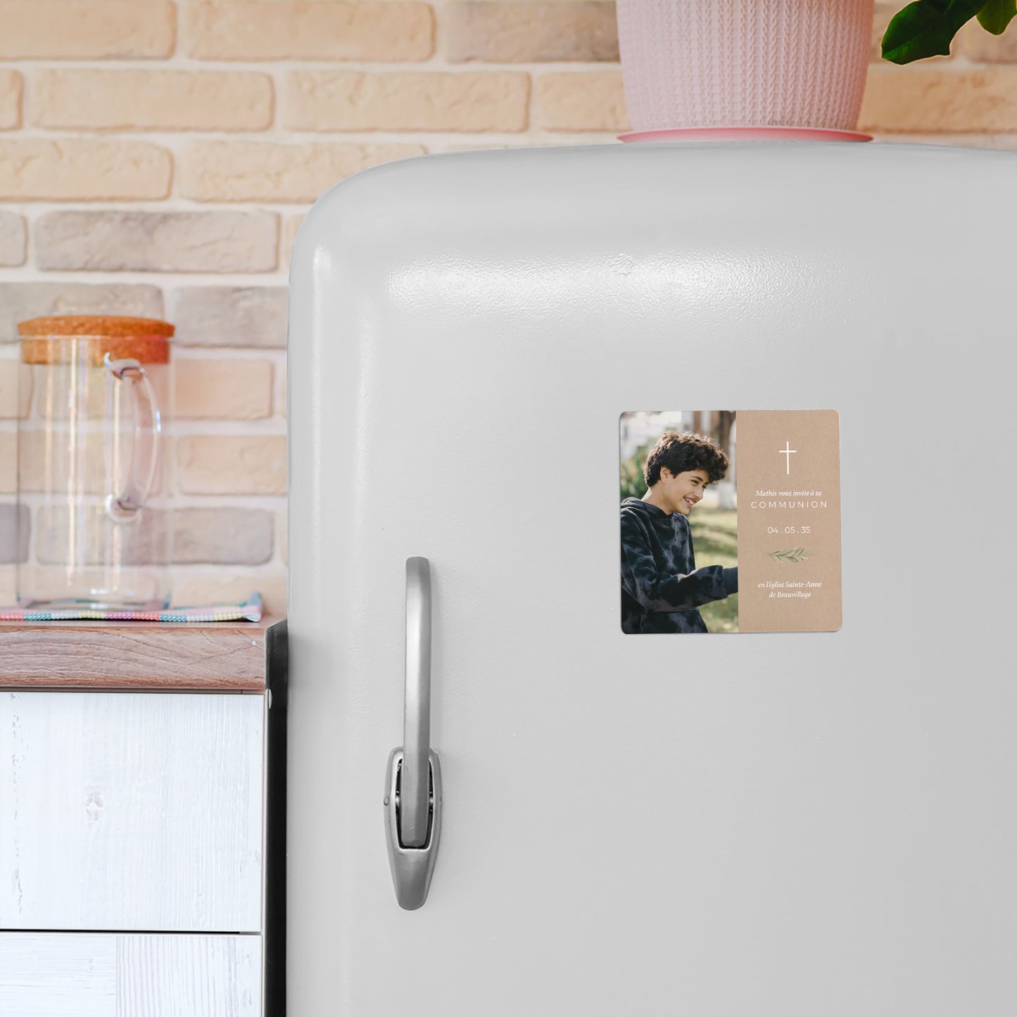 Faire-part Communion Lot de 9, magnétique Imitation Kraft & Brin d'olivier photo N° 4