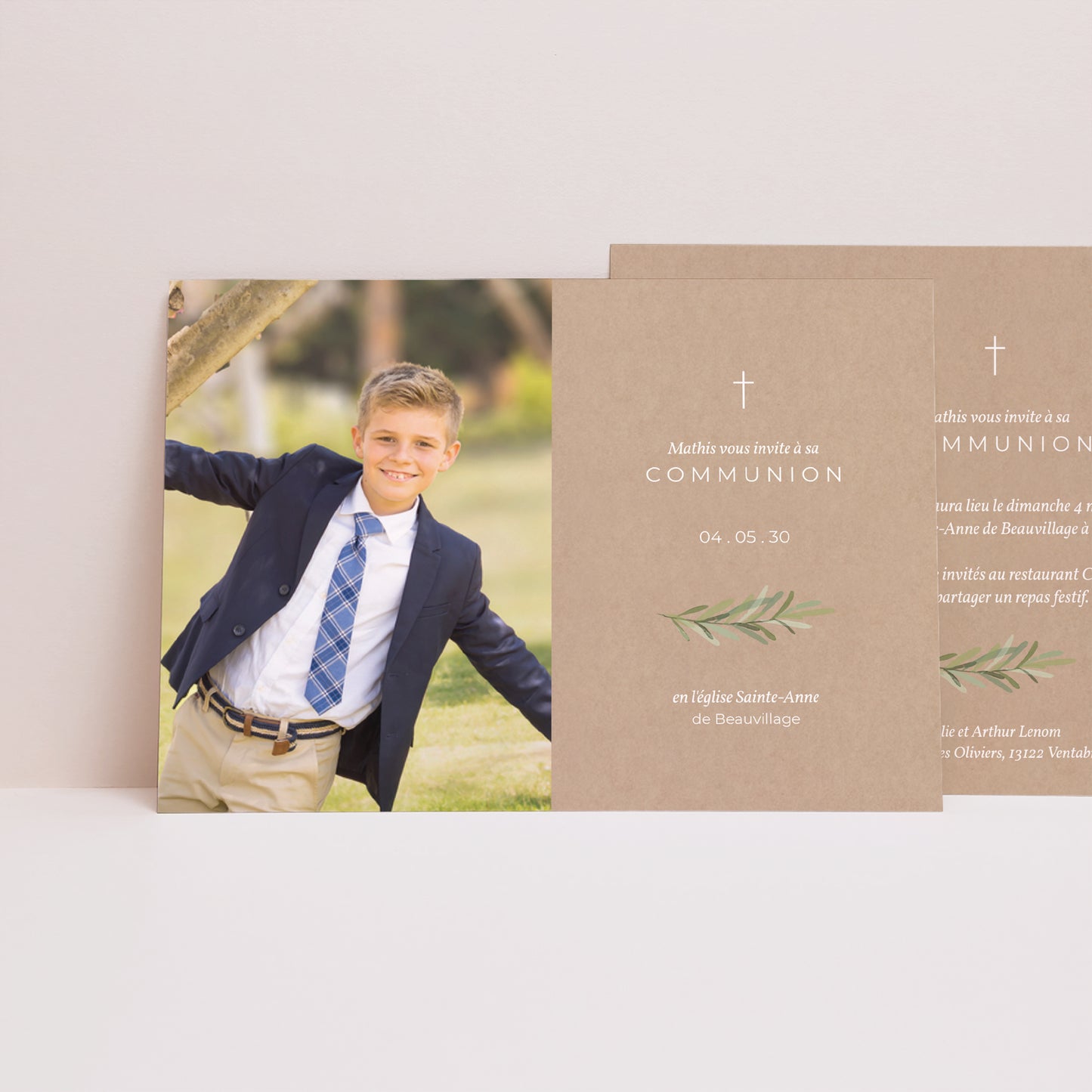 Faire-part Communion Paysage Imitation Kraft & Brin d'olivier photo N° 1