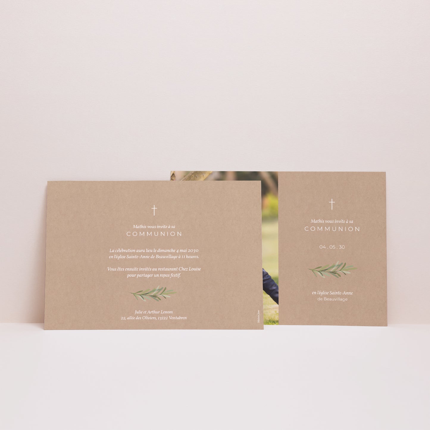 Faire-part Communion Paysage Imitation Kraft & Brin d'olivier photo N° 2