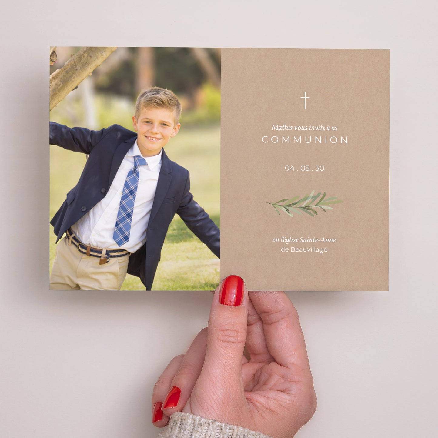 Faire-part Communion Paysage Imitation Kraft & Brin d'olivier photo N° 3