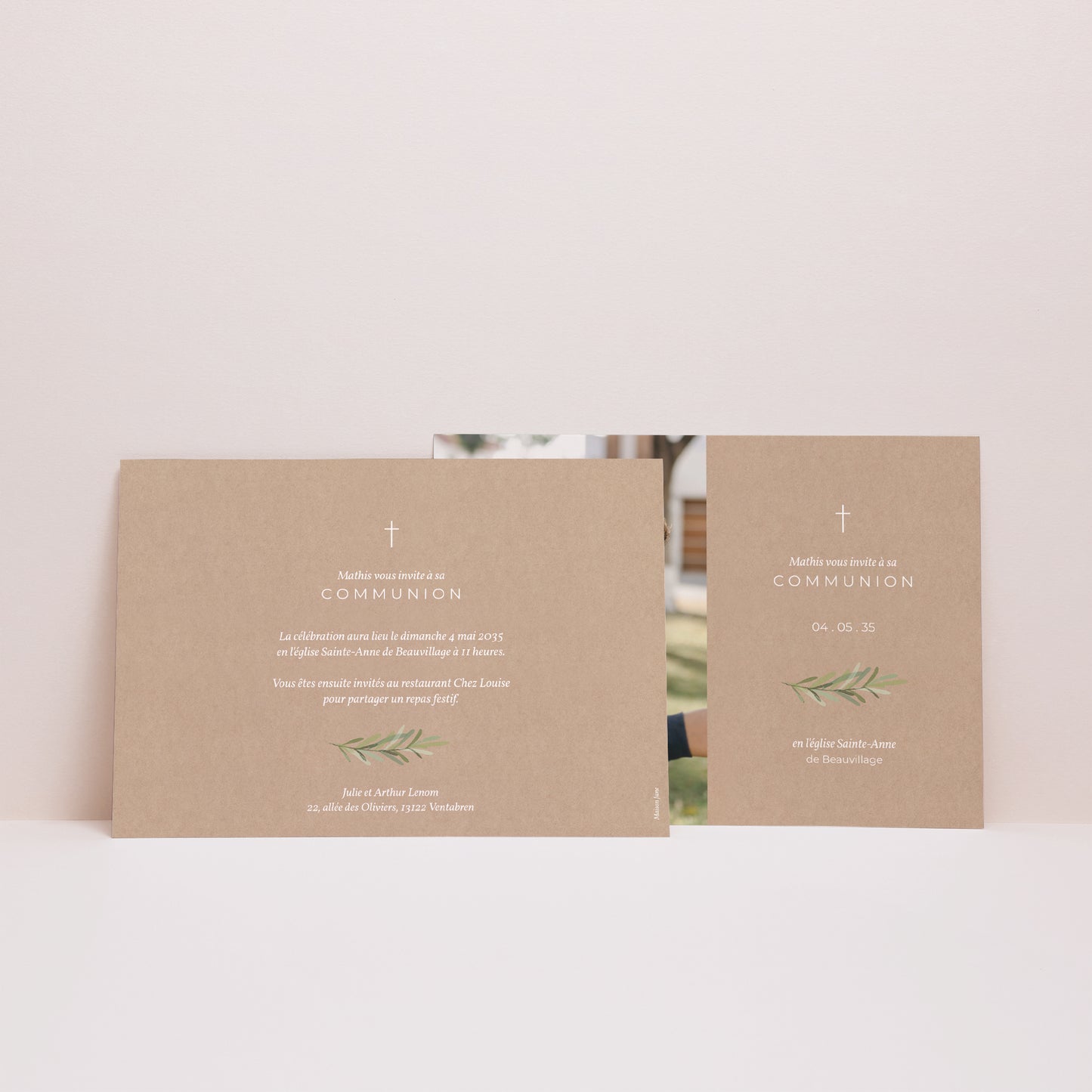Faire-part Communion Paysage Imitation Kraft & Brin d'olivier photo N° 3