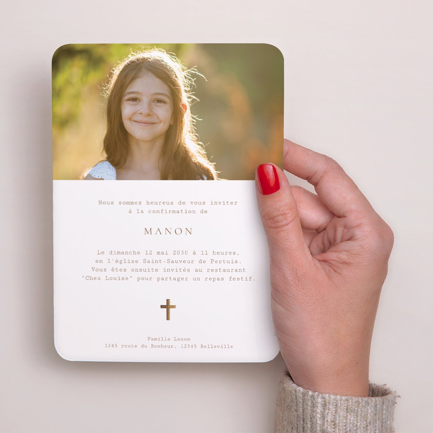 Faire-part Confirmation Portrait, bords arrondis Chapelet Doré photo N° 3