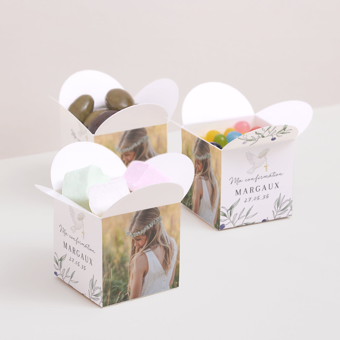 Boîte à dragées Confirmation Ouverture papillon L'olivier et la colombe photo N° 3
