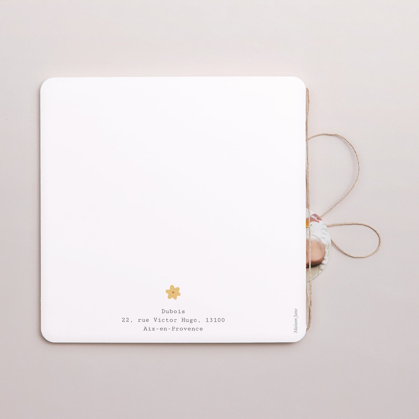 Faire-part Naissance Carré double volet, coins arrondis, étiquette ronde Le voyage de la cigogne II photo N° 3