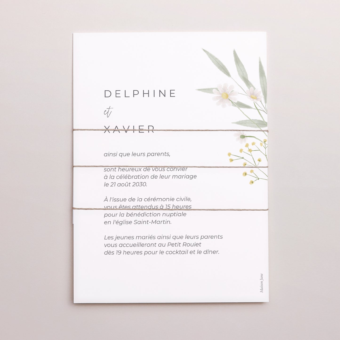 Faire-part Mariage 3 cartes, ruban Champêtre fleuri photo N° 4