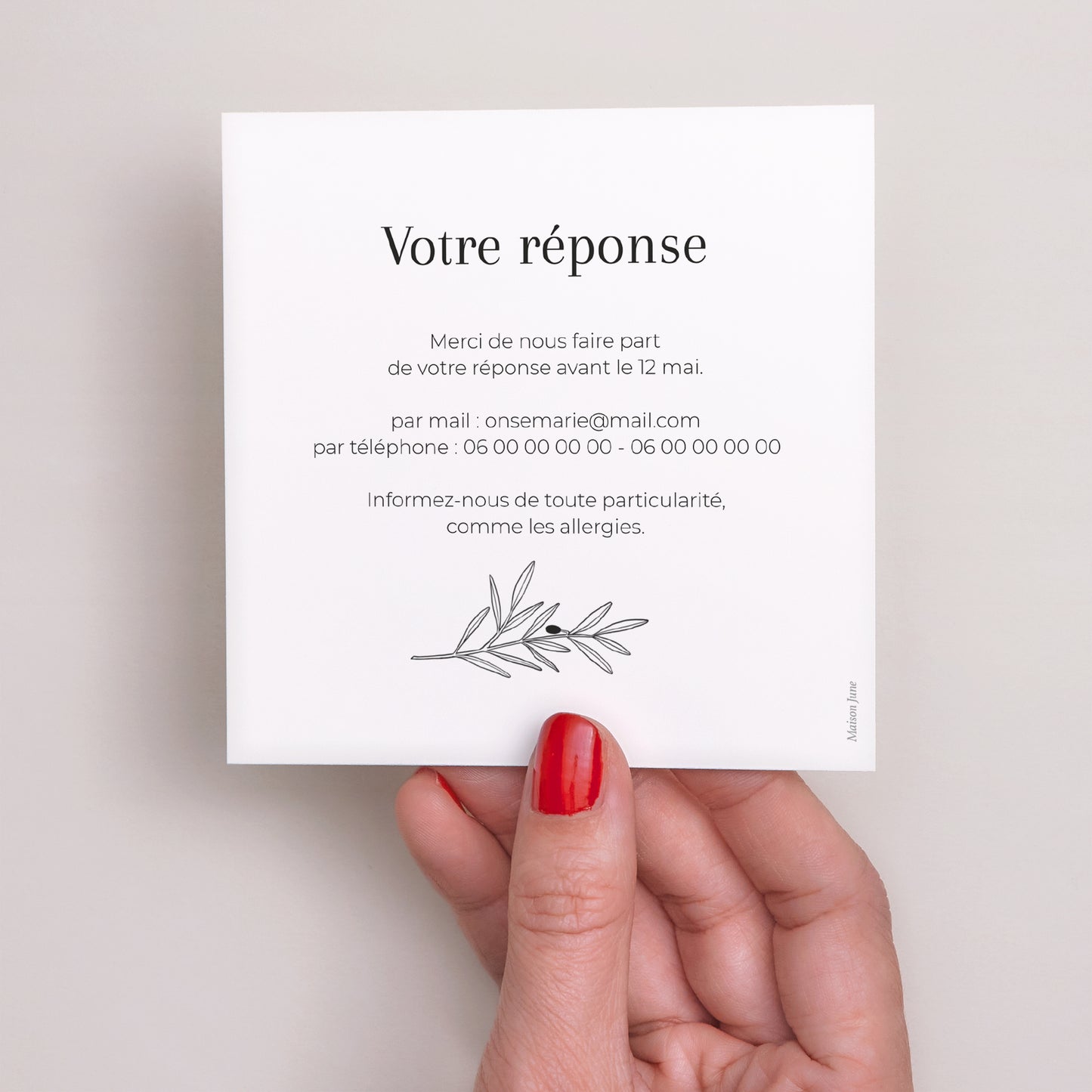 Carton réponse Mariage Carré Branche d'Olivier photo N° 3