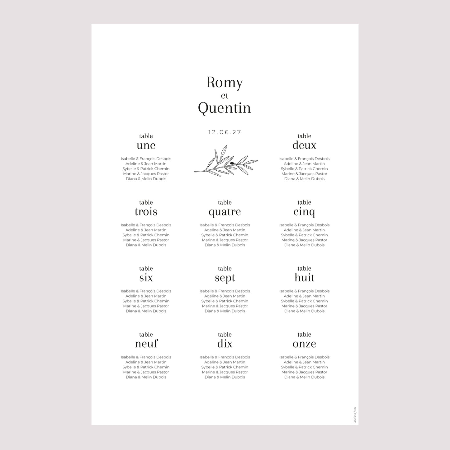 Plan de table Mariage Portrait Branche d'Olivier photo N° 2