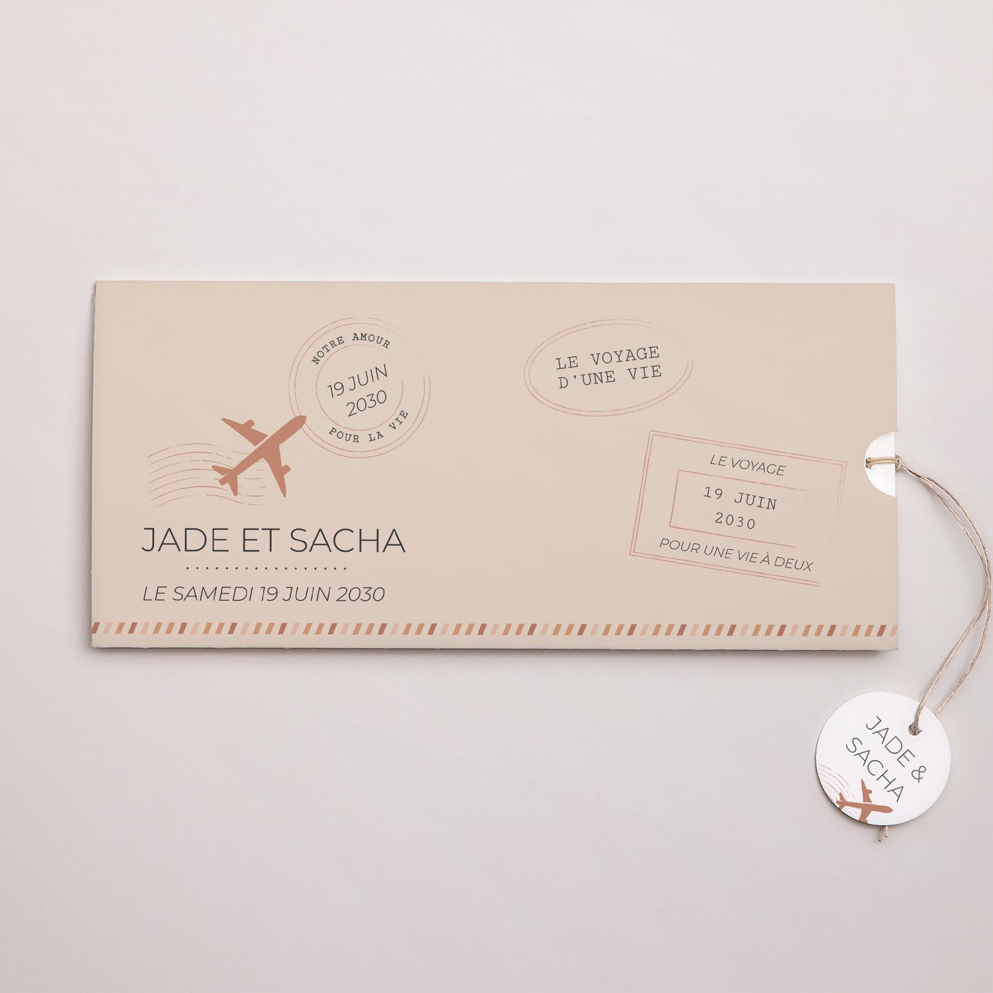 Faire-part Mariage Pochette 2 cartes, étiquette Le voyage d'une vie photo N° 1