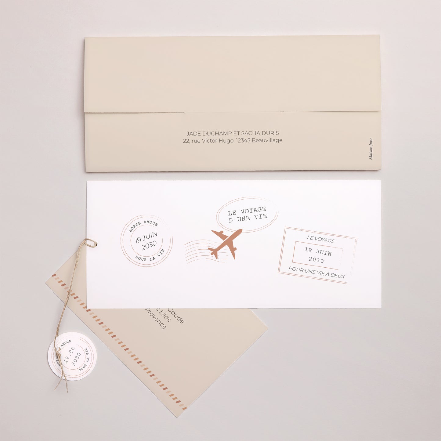 Faire-part Mariage Pochette 2 cartes, étiquette Le Voyage d'une Vie photo N° 4