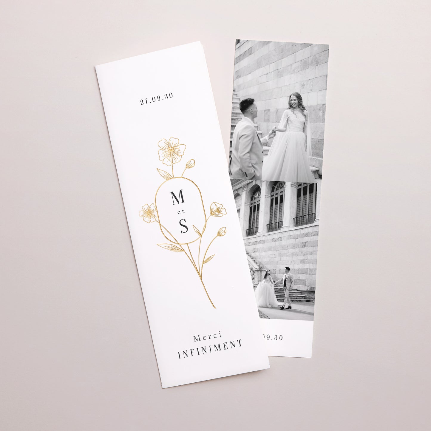 Remerciements Mariage Marque-page photo Encadré fleuri doré photo N° 1