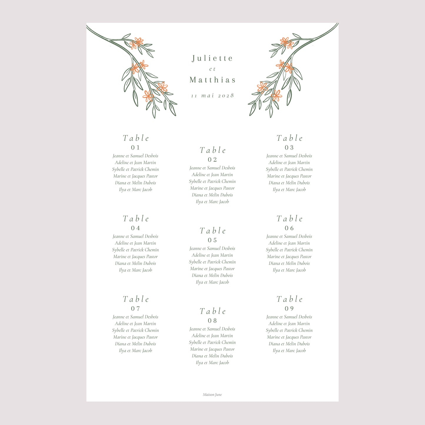 Plan de table Mariage Portrait 60 x 90 cm Encadré végétal II photo N° 2