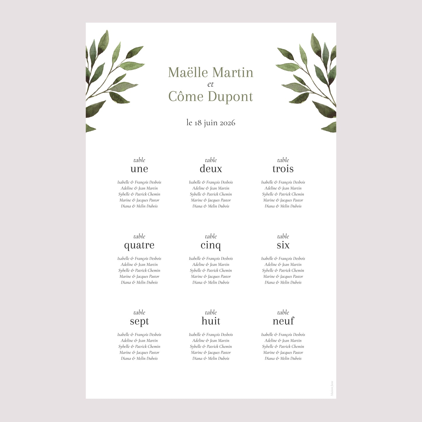 Plan de table Mariage Portrait Ondulation végétale photo N° 2