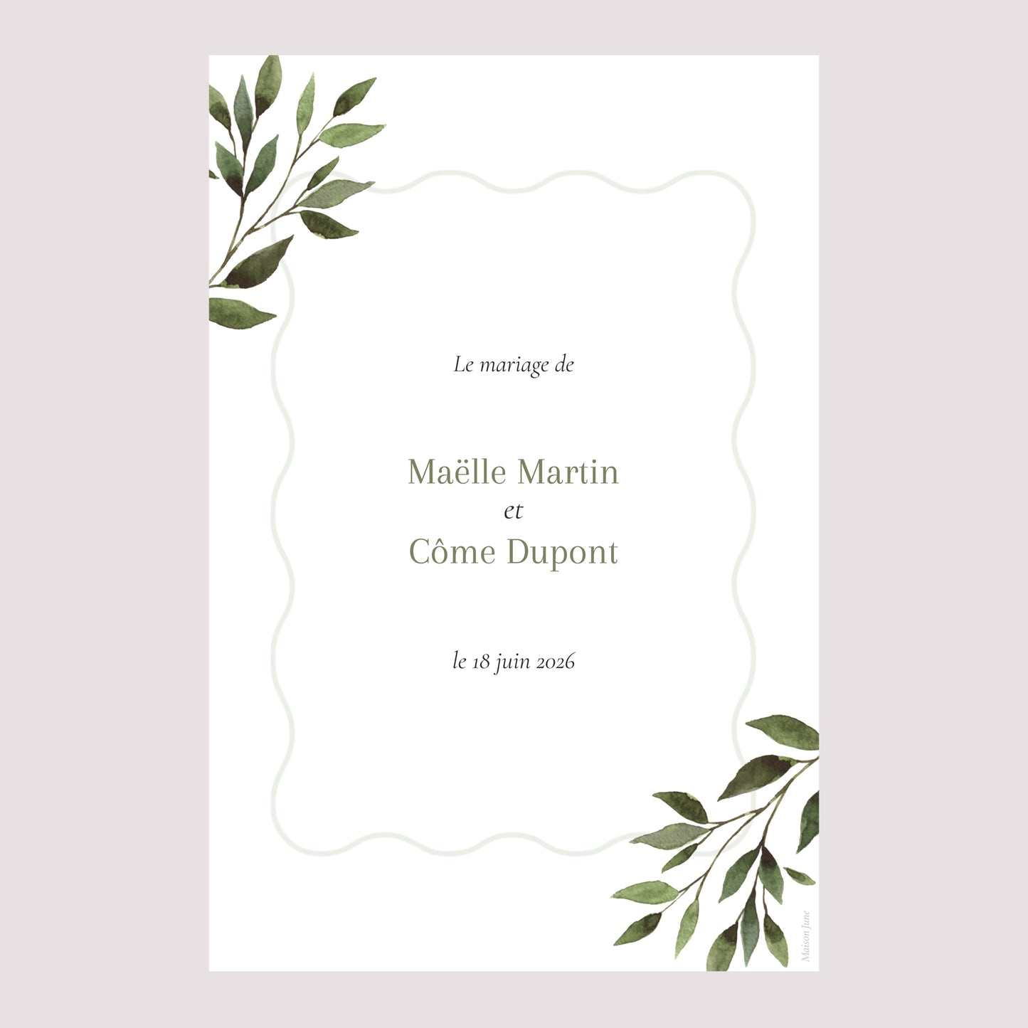 Panneau bienvenue Mariage Portrait 60 x 90 cm Ondulation végétale photo N° 2