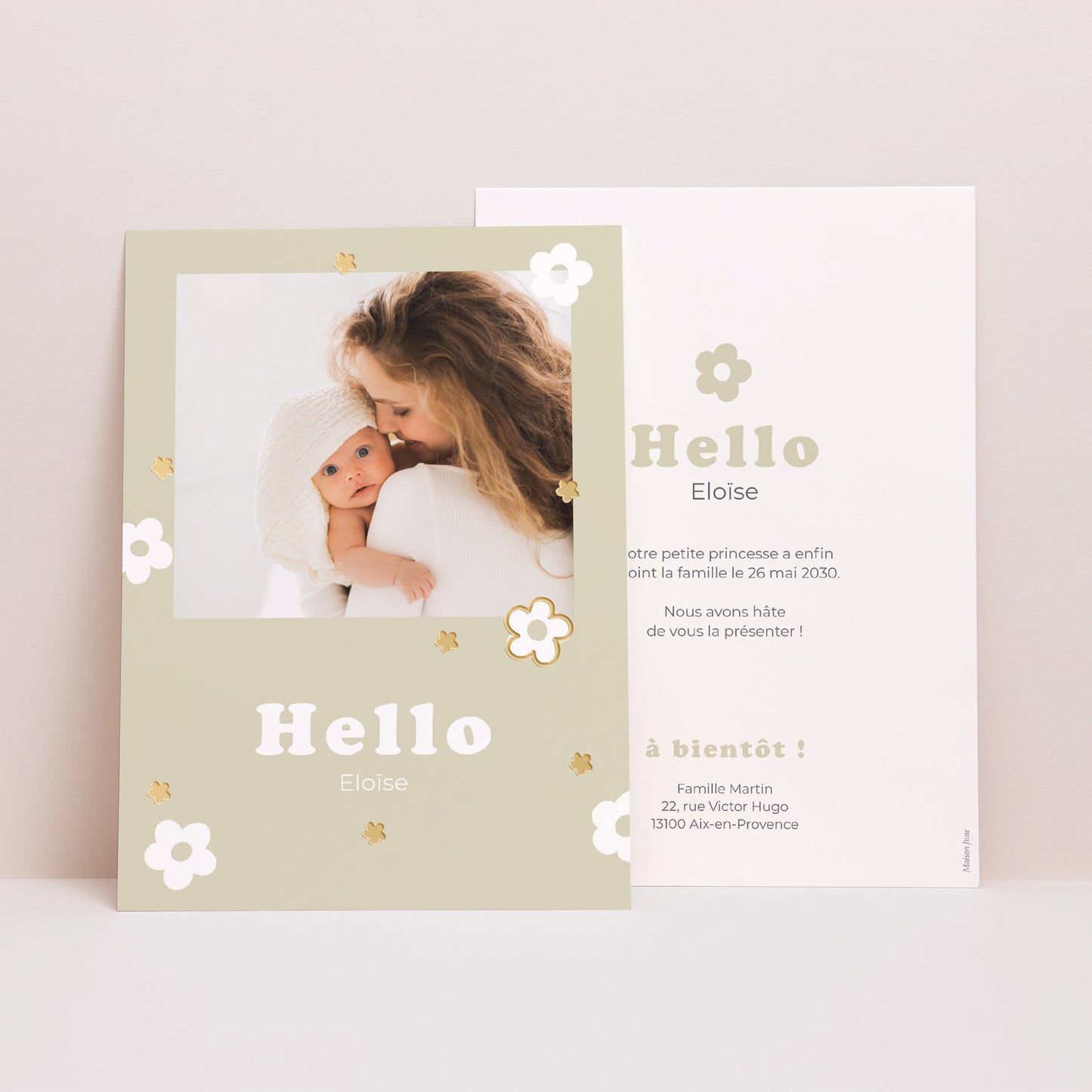 Faire-part Naissance Portrait Motif fleur dorure photo N° 1