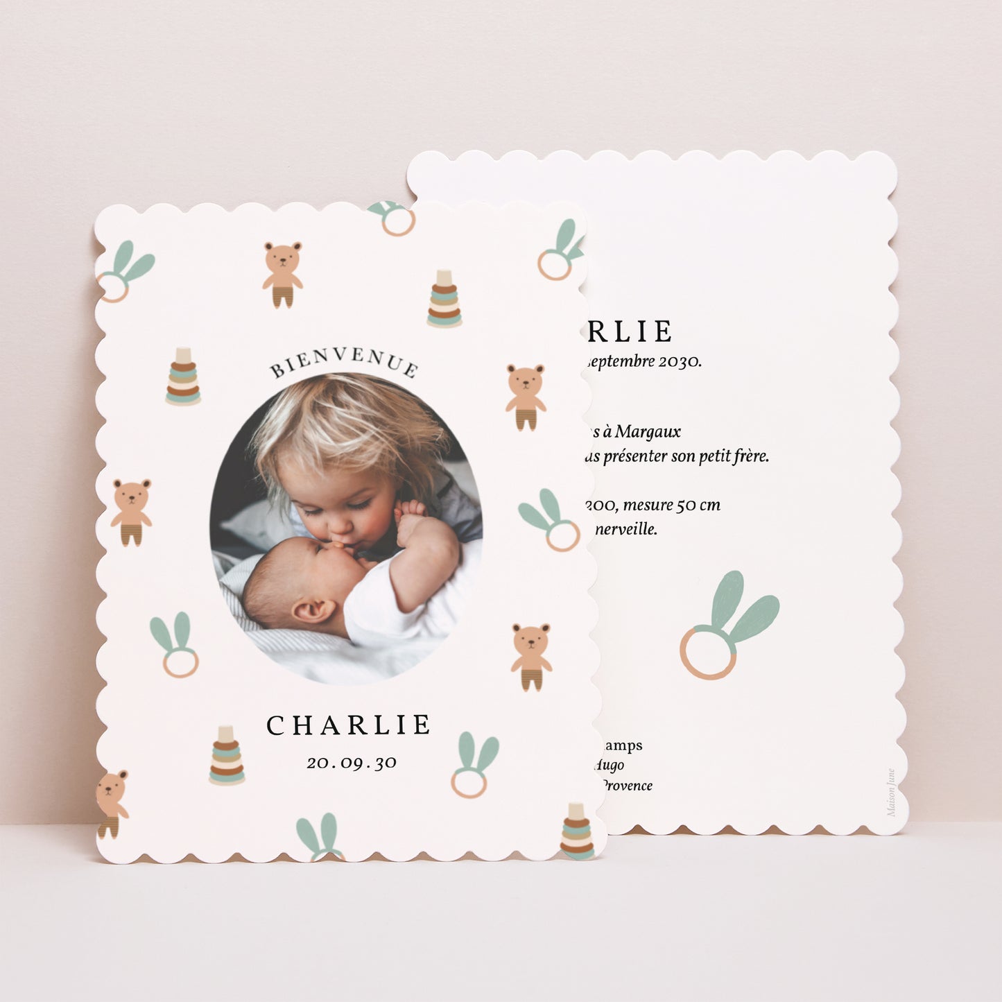 Faire-part Naissance Portrait, bords biscuit Doudous et Hochets photo N° 1