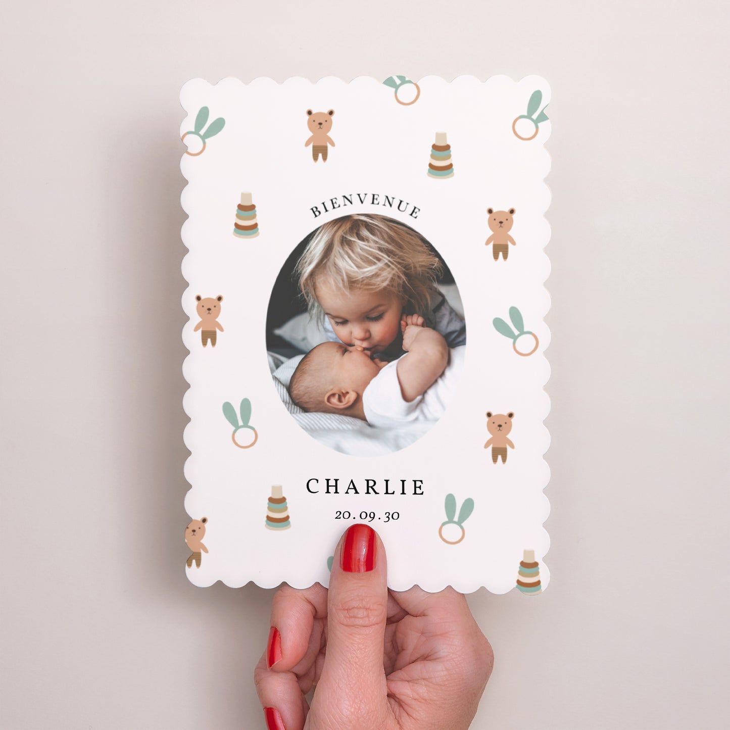 Faire-part Naissance Portrait, bords biscuit Doudous et Hochets photo N° 2