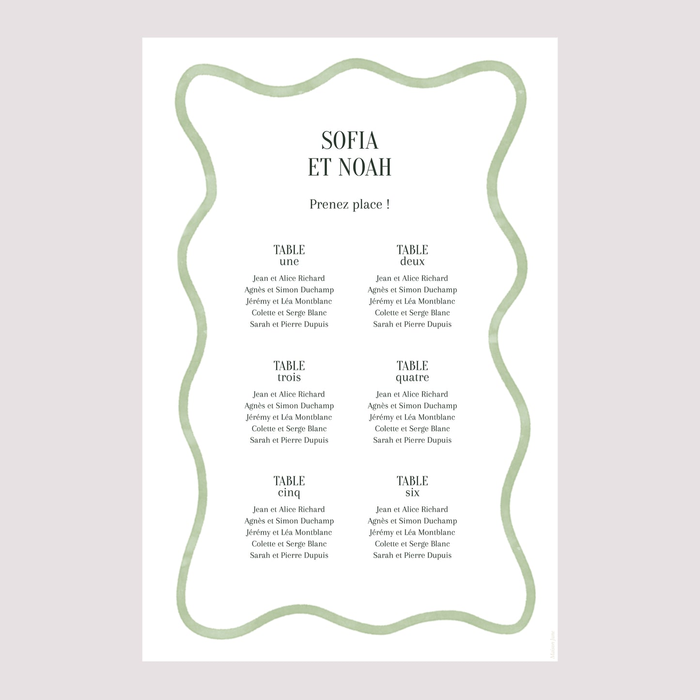 Plan de table Mariage Portrait Vagues vertes photo N° 2