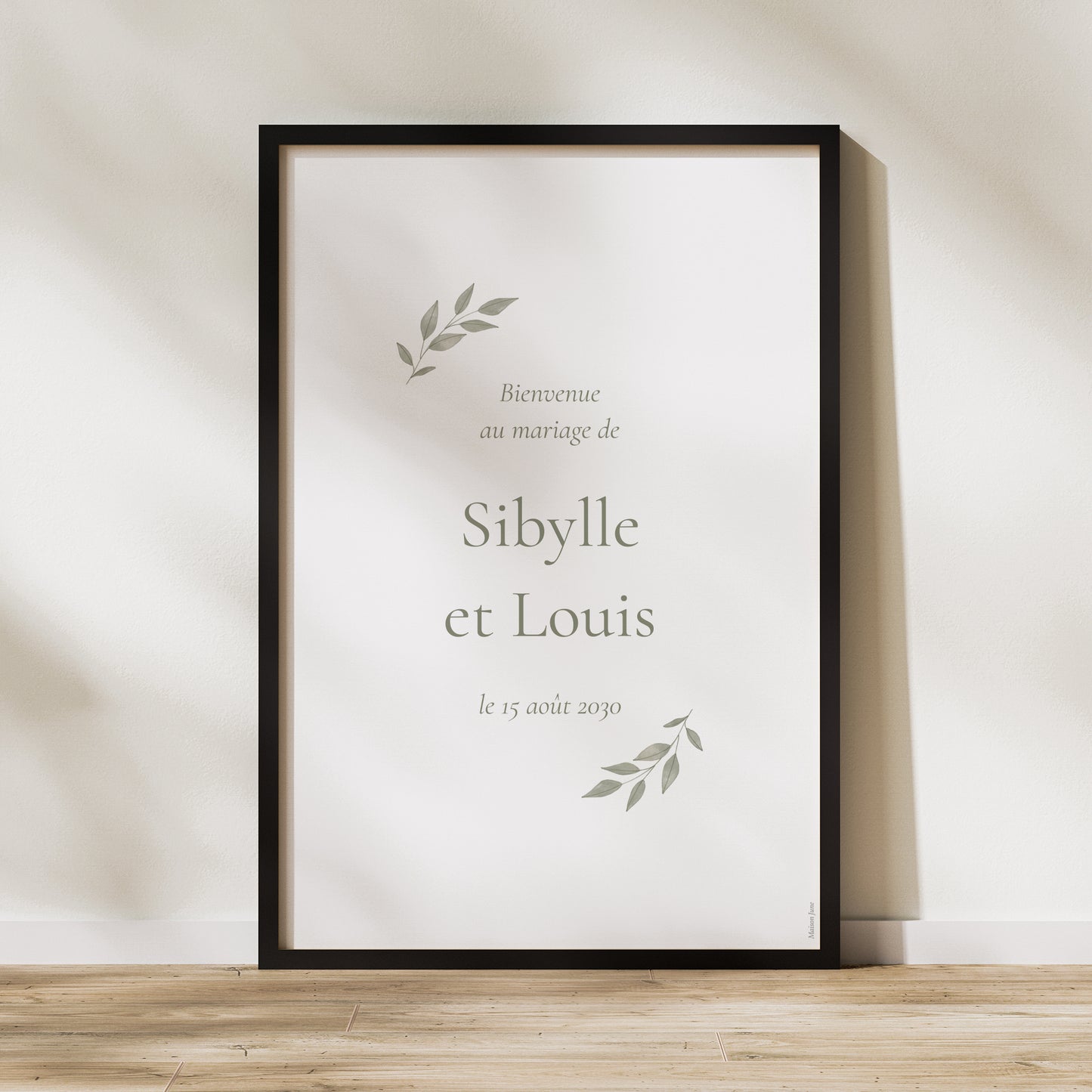Panneau bienvenue Mariage Portrait 60 x 90 cm Couronne végétale dorée photo N° 1