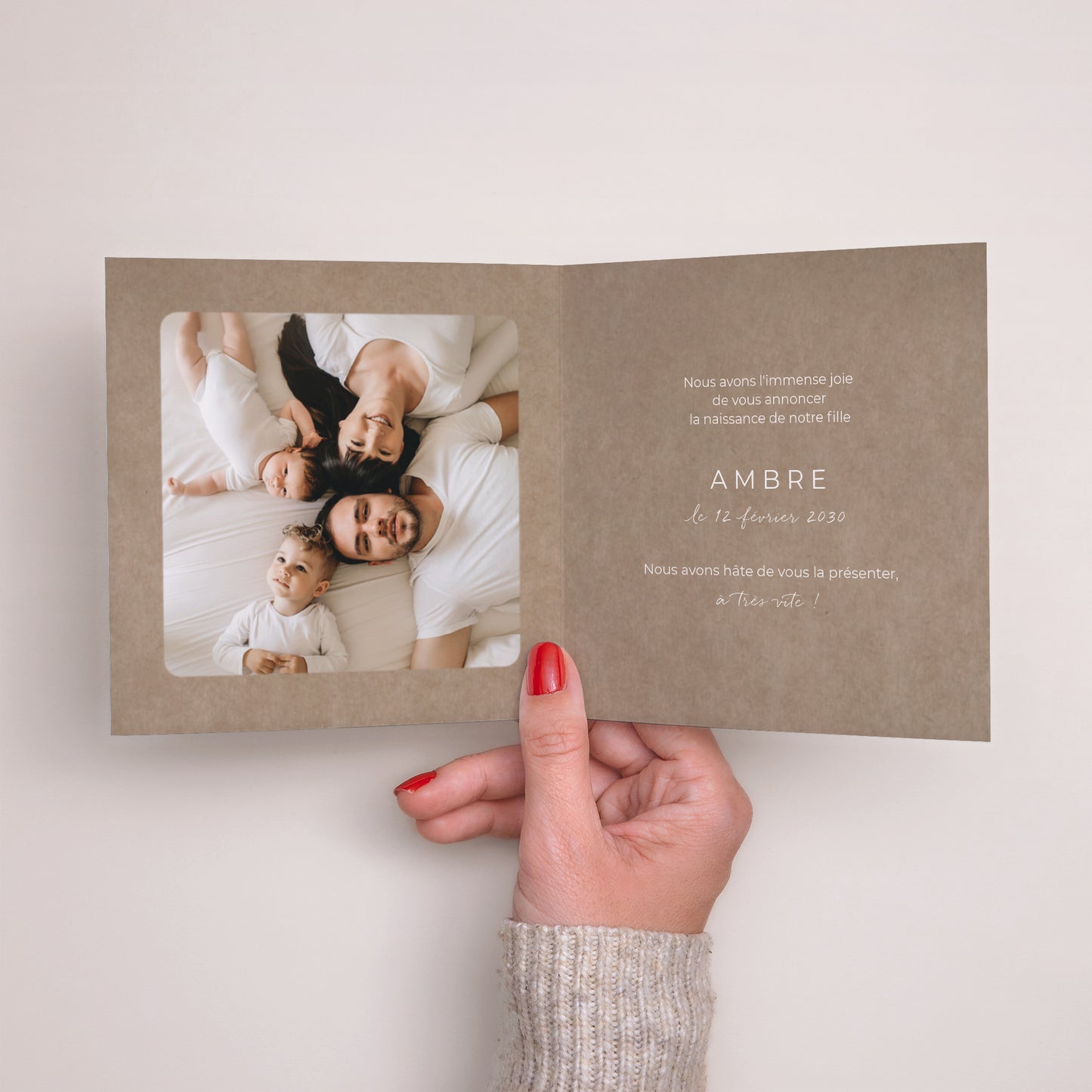 Faire-part Naissance Carré double volet Composition kraft photo N° 2