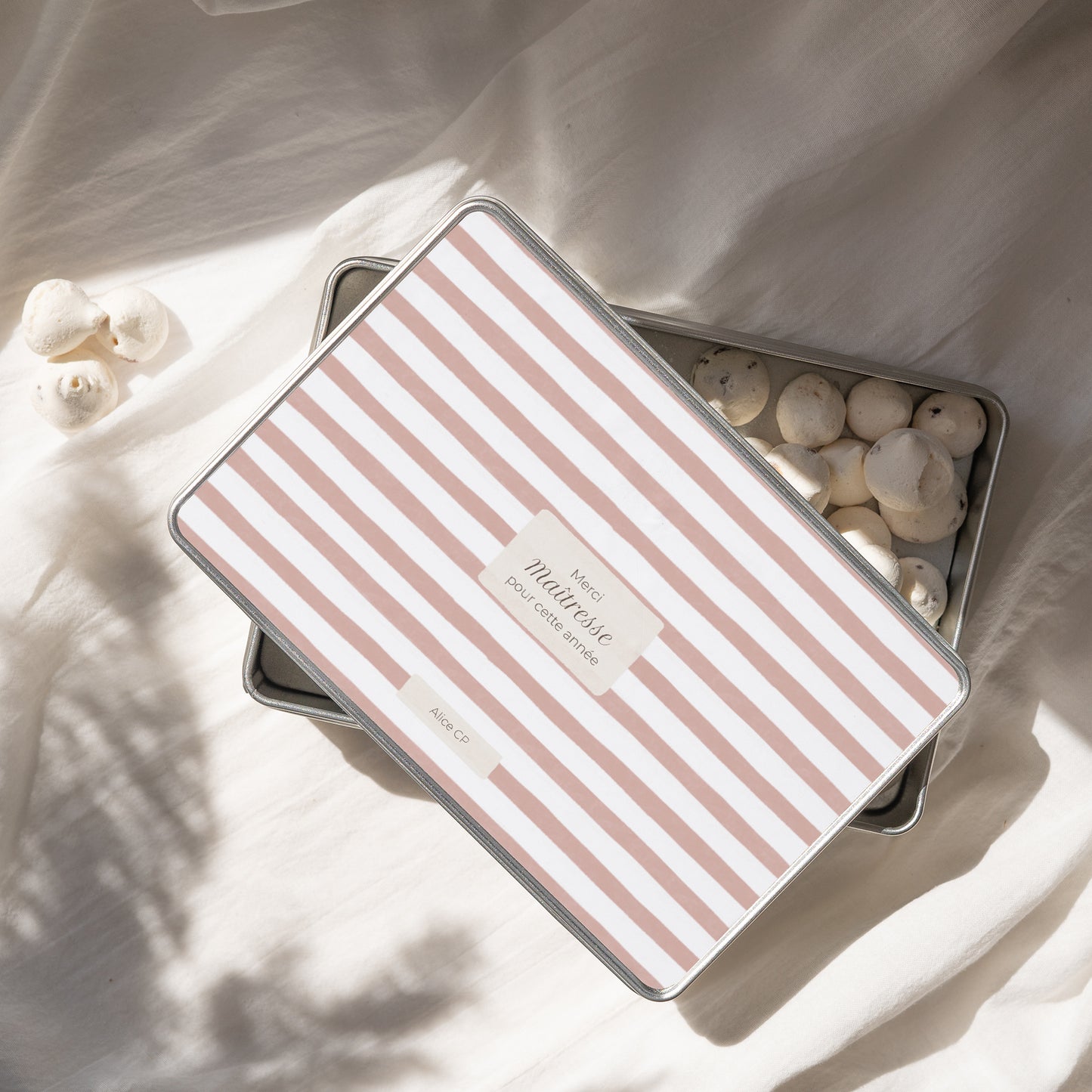 Boite métallique Objets Rectangle Rayures d’écolière, Rose photo N° 1