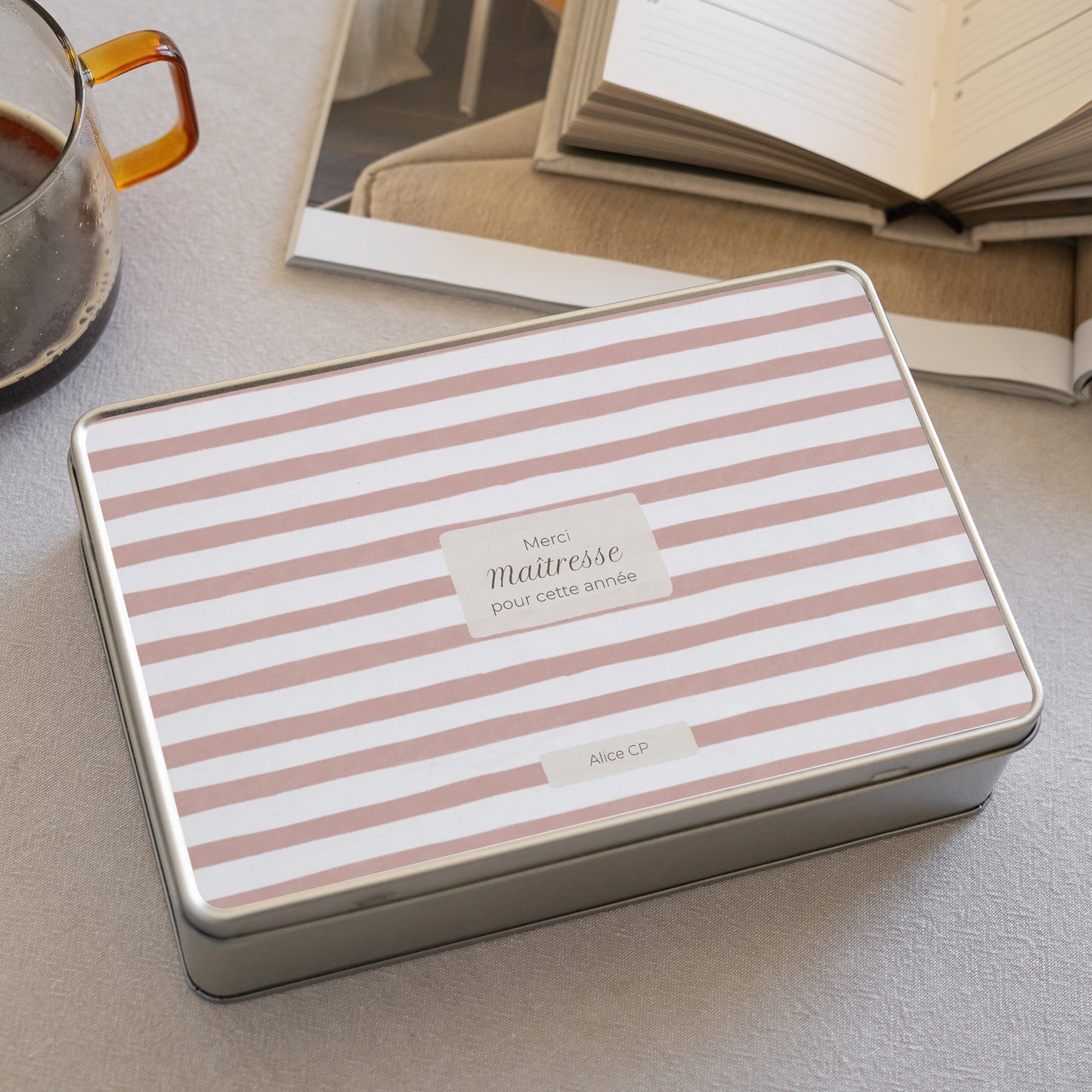 Boite métallique Rectangle Rayures d’écolière, Rose photo N° 2