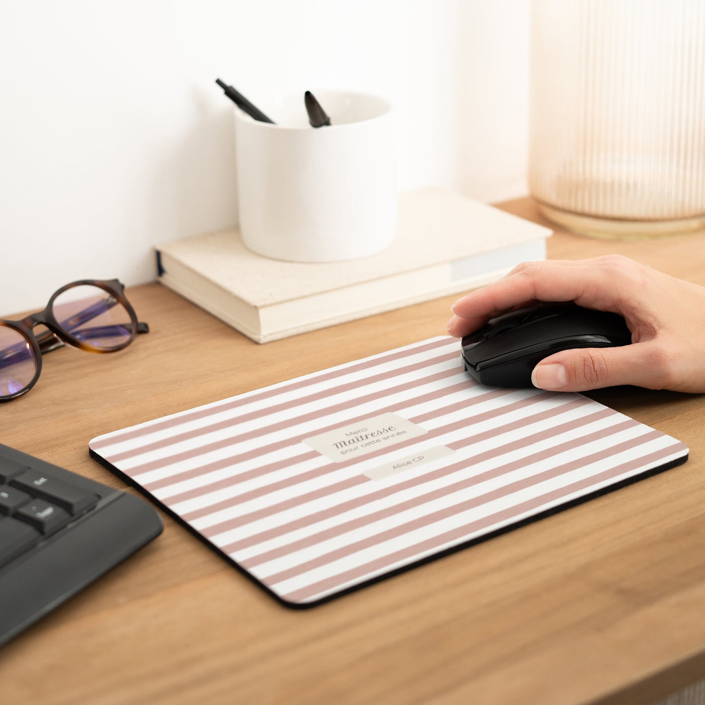 Tapis de souris Rectangle Rayures d’écolière, Rose photo N° 2