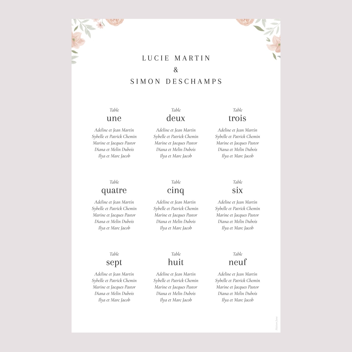 Plan de table Mariage Portrait Encadré floral photo N° 2