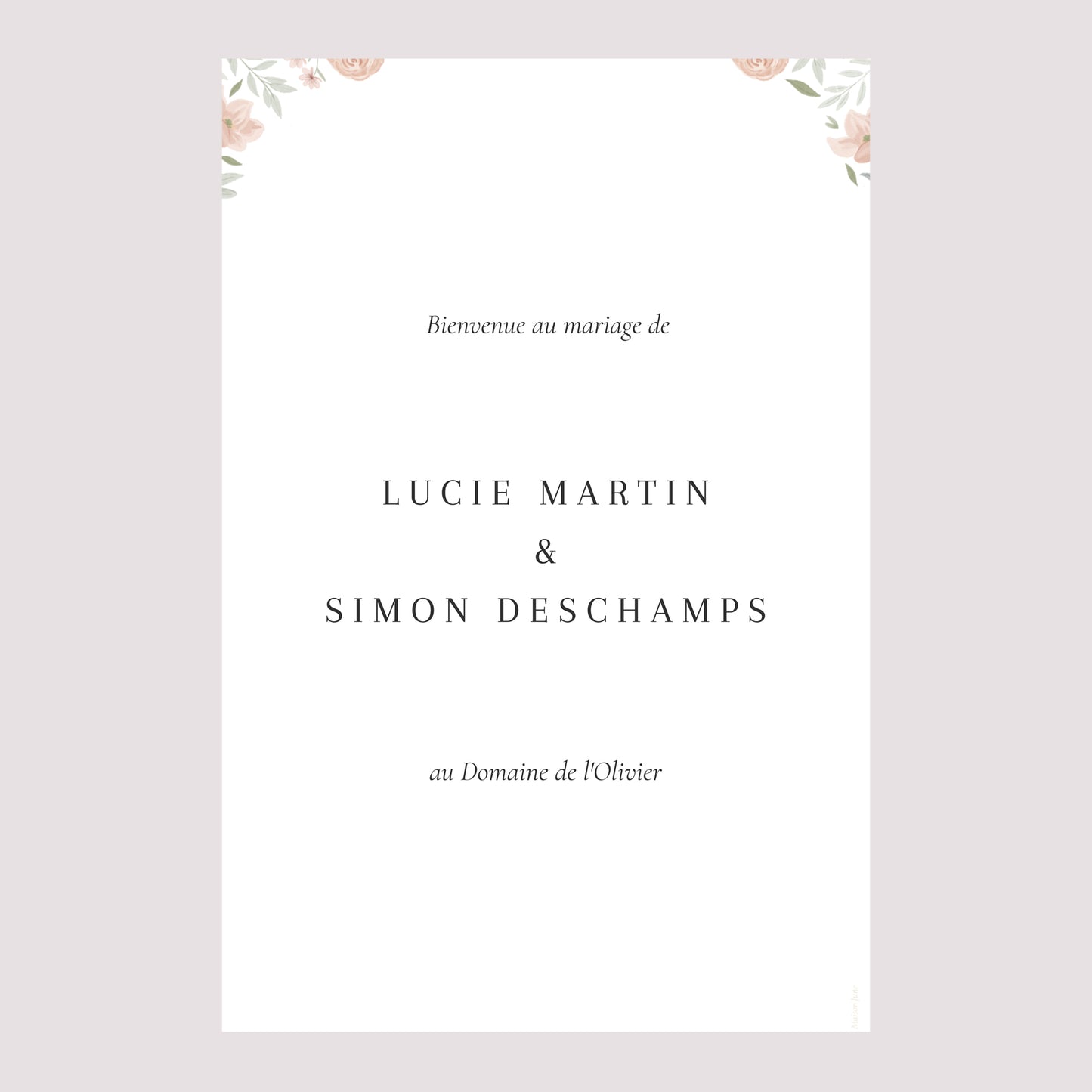 Panneau bienvenue Mariage Portrait 60 x 90 cm Encadré floral photo N° 2