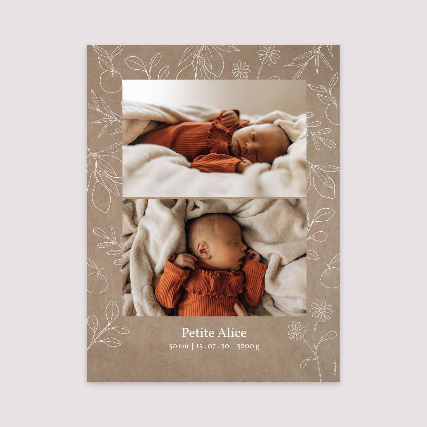 Affiche Naissance Portrait 30 x 40 cm Kraft motif herbier photo N° 2