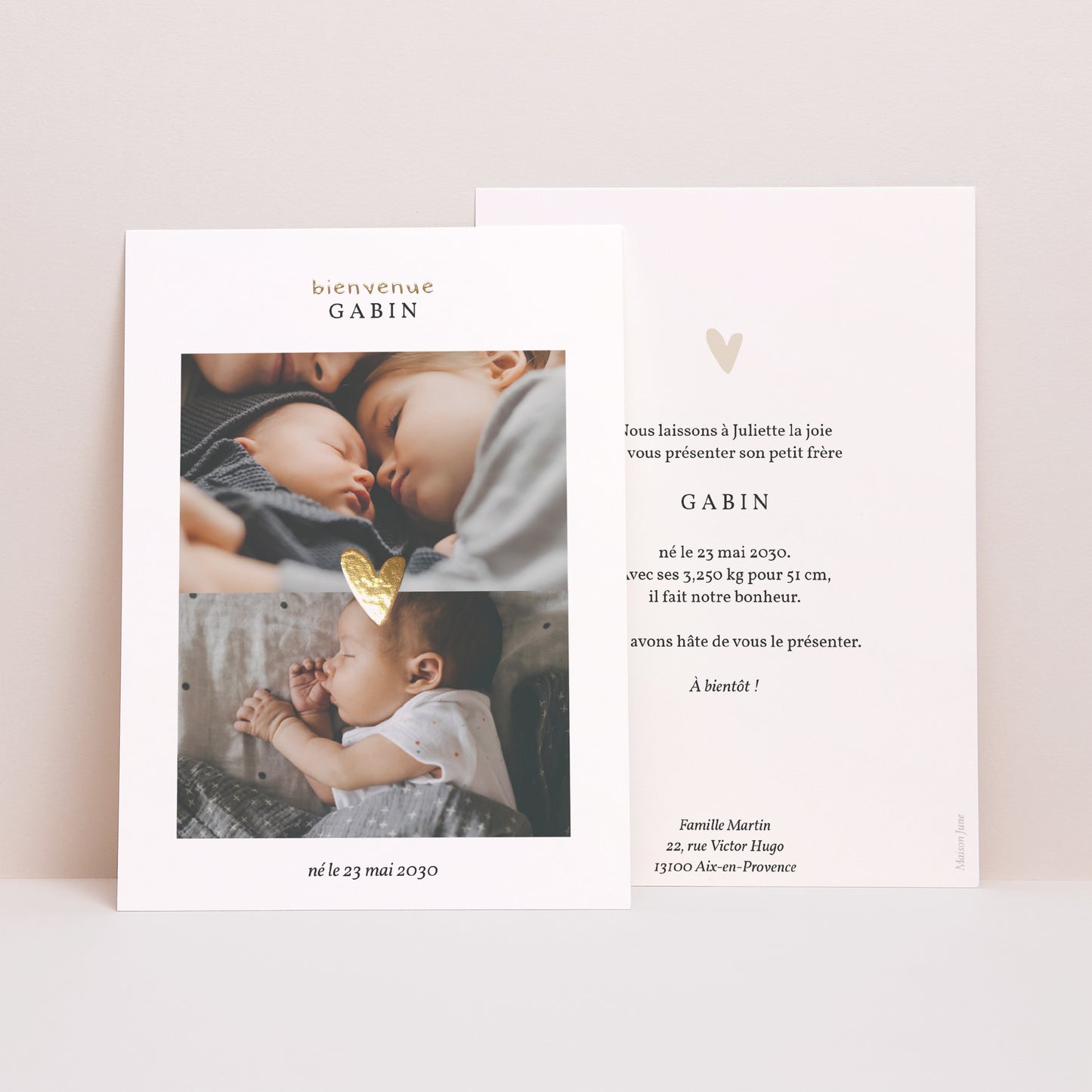 Faire-part Naissance Portrait Coeur dorure multiphotos photo N° 1