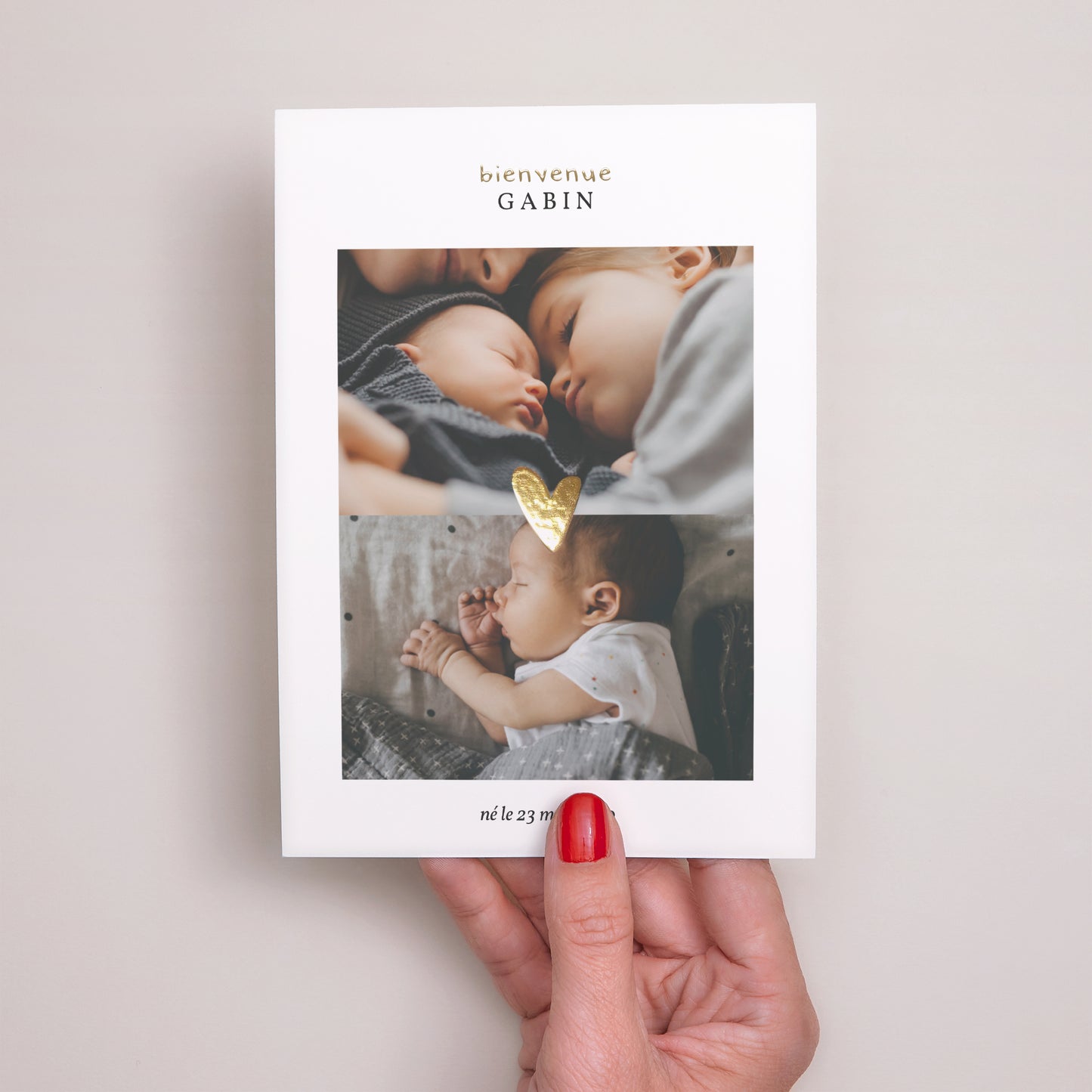 Faire-part Naissance Portrait Coeur dorure multiphotos photo N° 2
