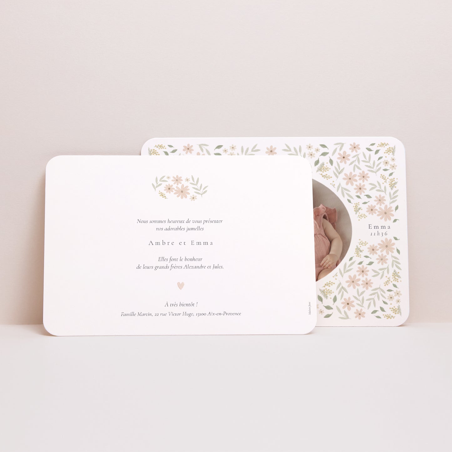 Faire-part Naissance Paysage, bords arrondis Duo Floral photo N° 3