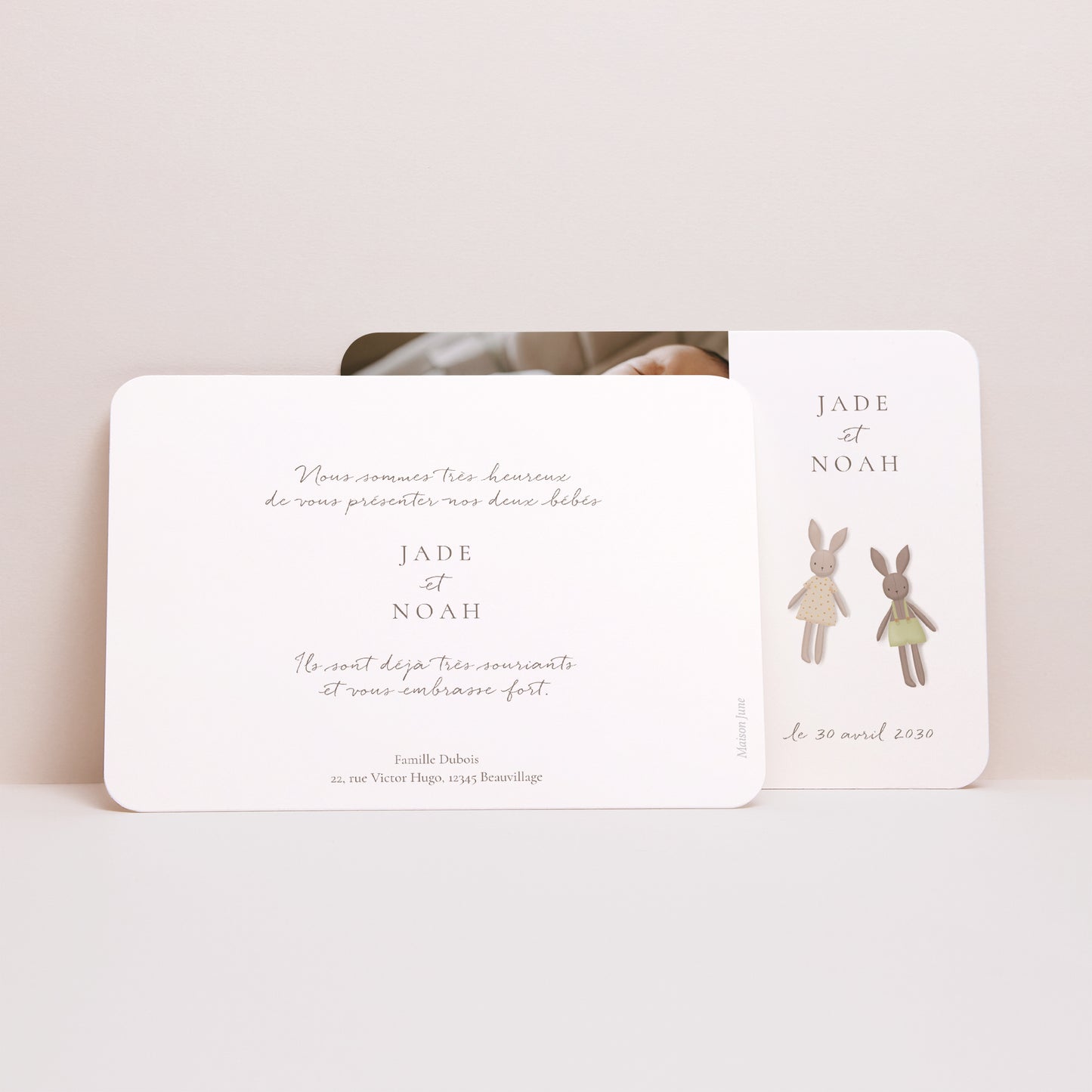 Faire-part Naissance Paysage, bords arrondis Mon doudou Lapin Vert et Rose photo N° 3