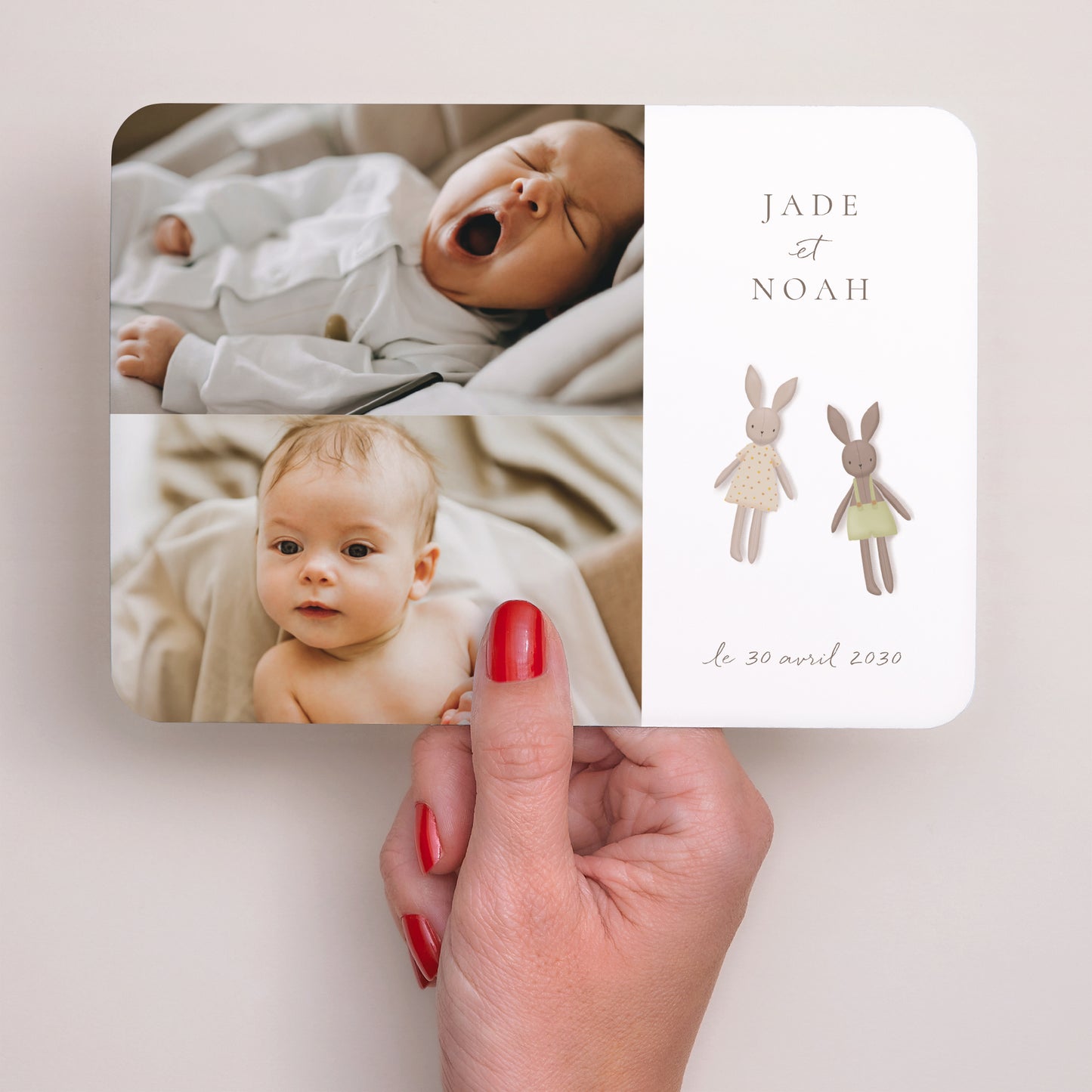 Faire-part Naissance Paysage, bords arrondis Mon doudou Lapin Vert et Rose photo N° 3