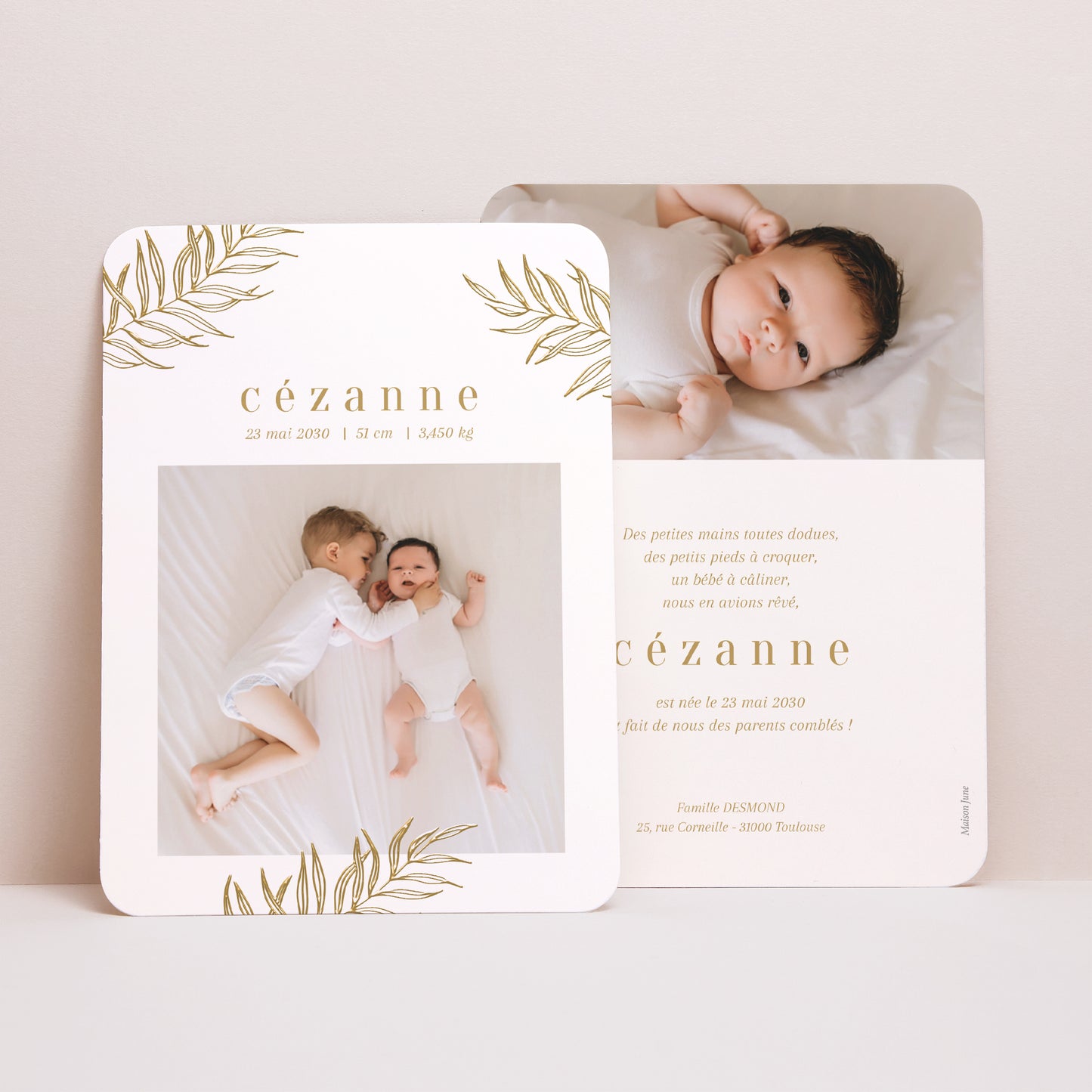 Faire-part Naissance Portrait, bords arrondis Palmes d'Or photo N° 1