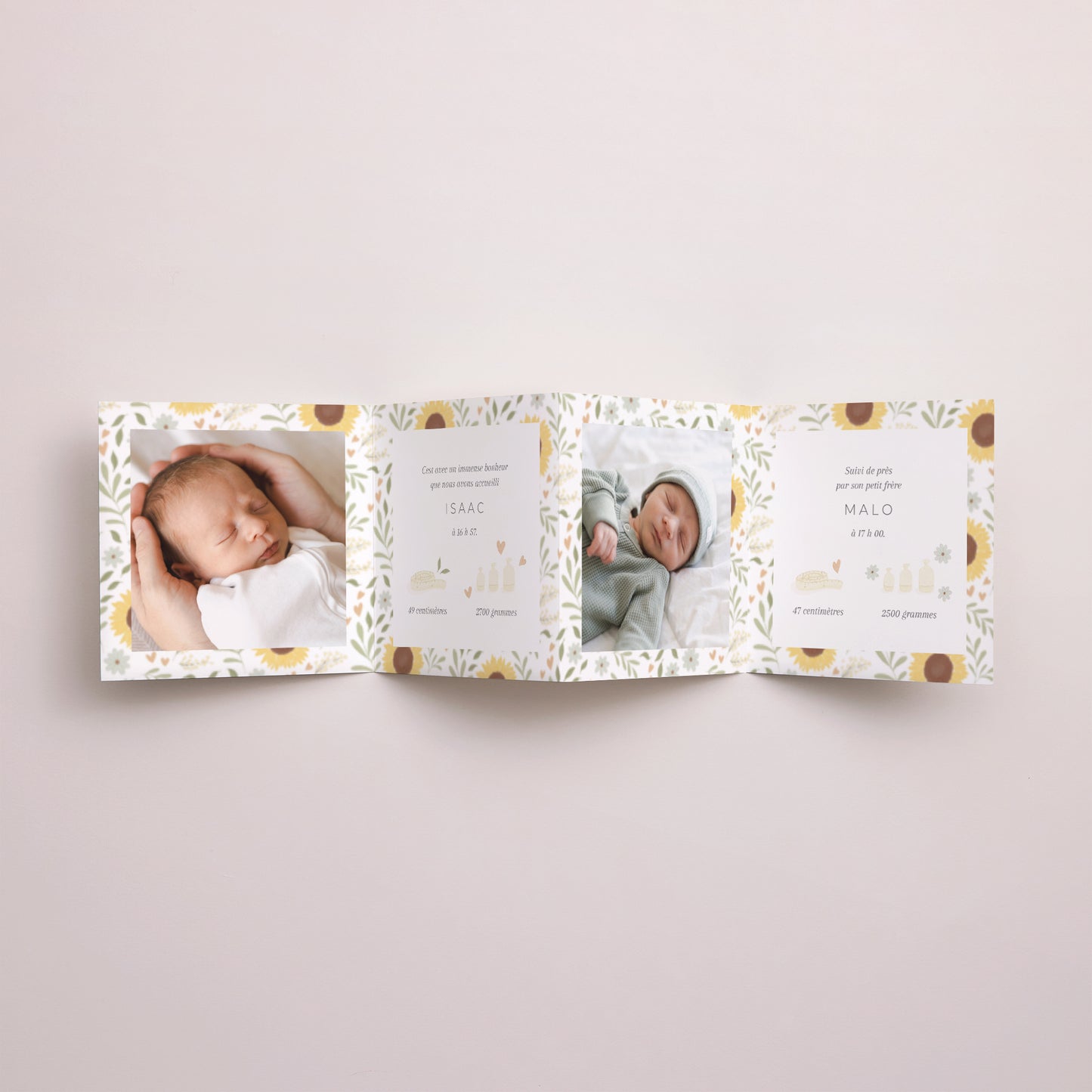Faire-part Naissance Accordéon Motif Liberty tournesol jumeaux photo N° 2